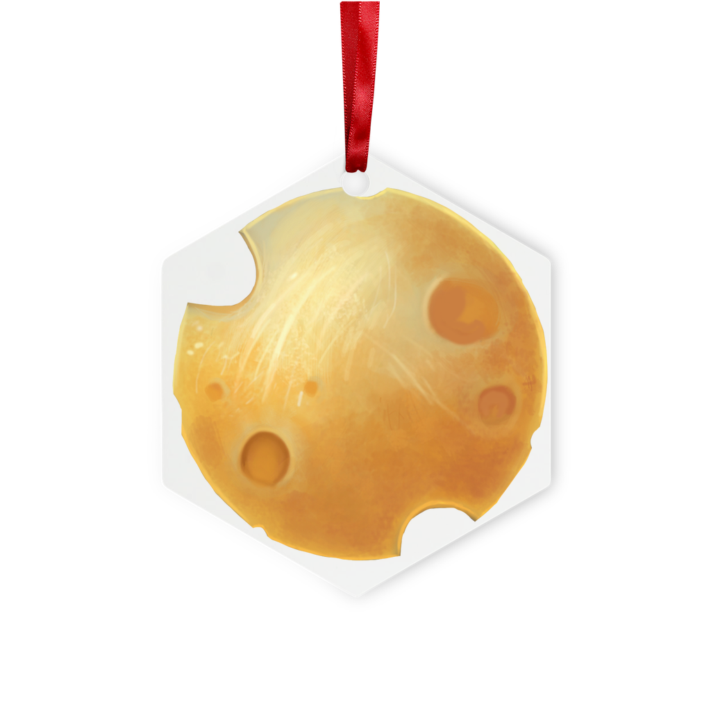 Cheese Metal Hanging Ornament in hexagon and star shapes, featuring a glossy white finish and red ribbon for hanging.