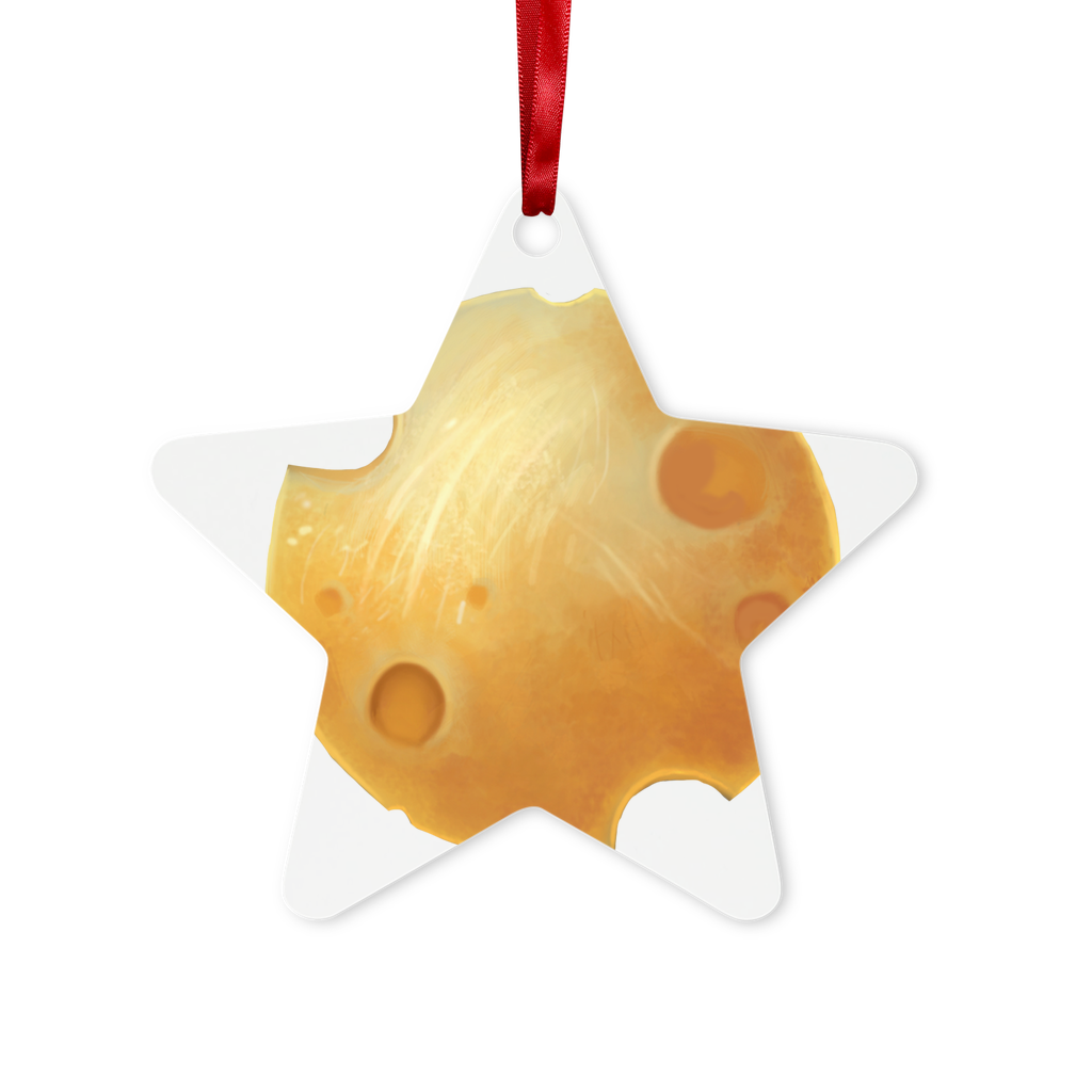 Cheese Metal Hanging Ornament in hexagon and star shapes, featuring a glossy white finish and red ribbon for hanging.