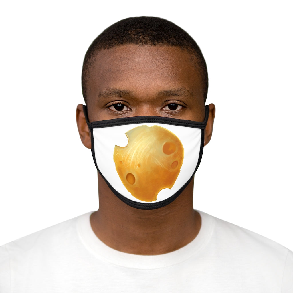 Cheese Mixed-Fabric Face Mask featuring a playful cheese design with a black outer edge and earloops.