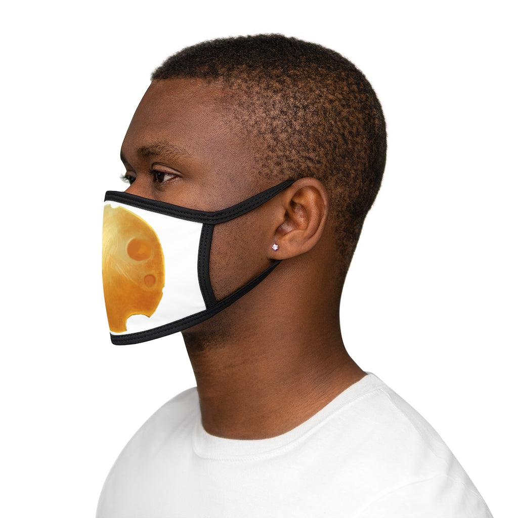 Cheese Mixed-Fabric Face Mask featuring a playful cheese design with a black outer edge and earloops.