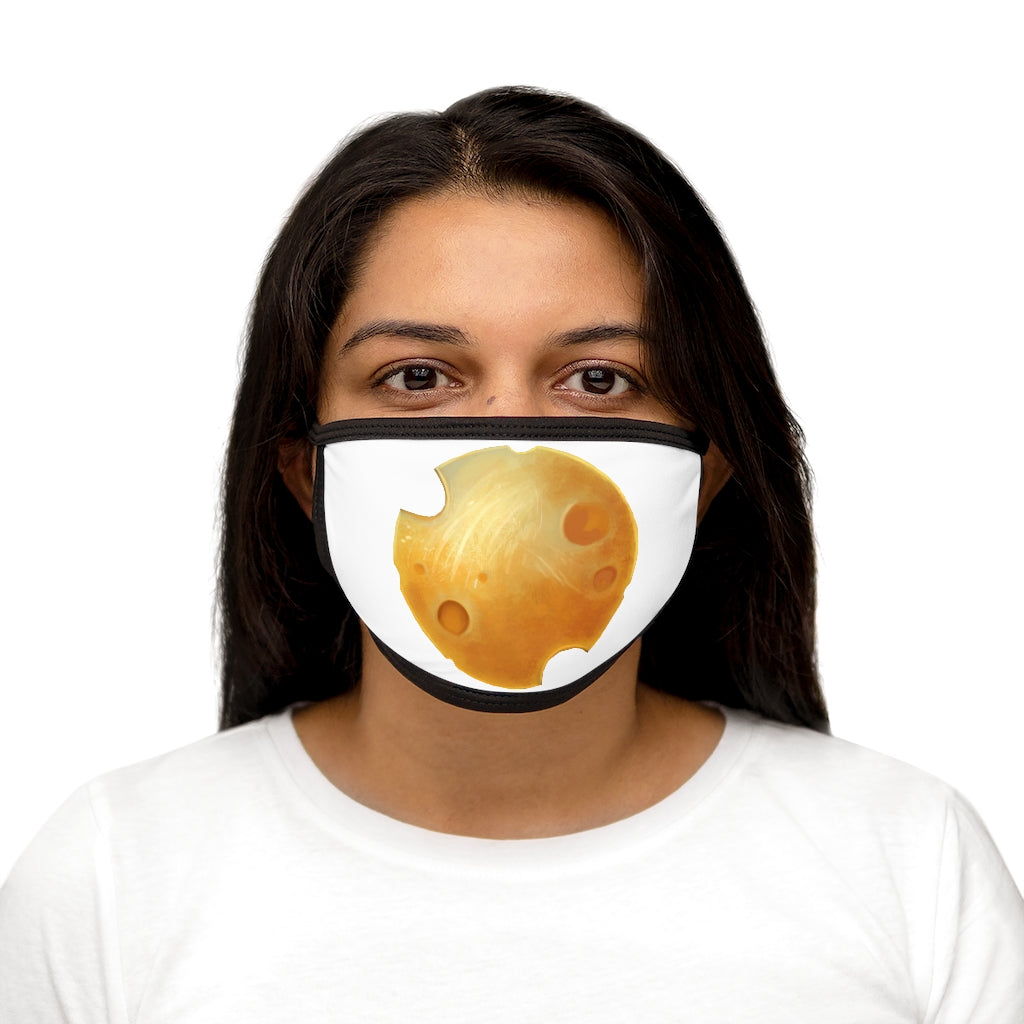 Cheese Mixed-Fabric Face Mask featuring a playful cheese design with a black outer edge and earloops.