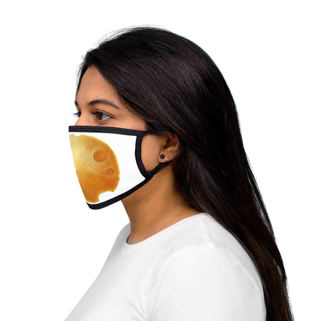 Cheese Mixed-Fabric Face Mask featuring a playful cheese design with a black outer edge and earloops.