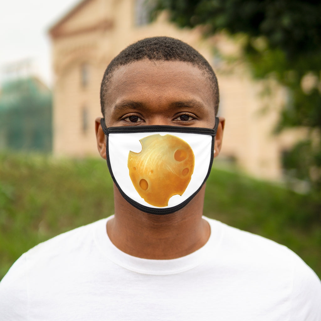 Cheese Mixed-Fabric Face Mask featuring a playful cheese design with a black outer edge and earloops.