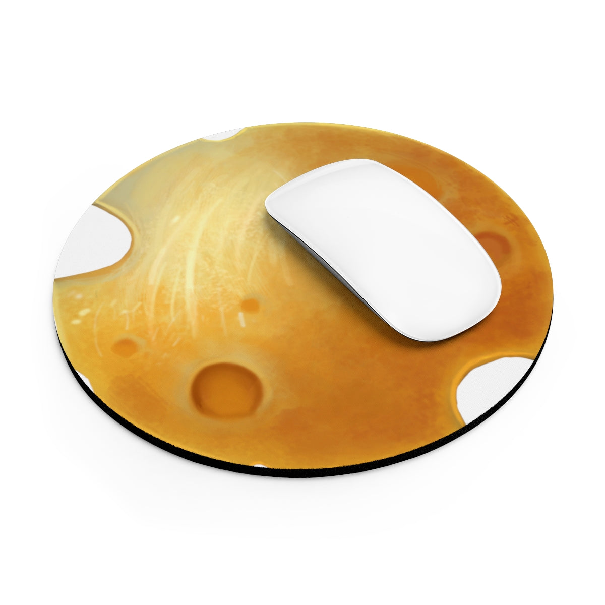 A colorful Cheese Mouse Pad featuring a cheese design, available in round and rectangular shapes, with a non-slip rubber bottom.