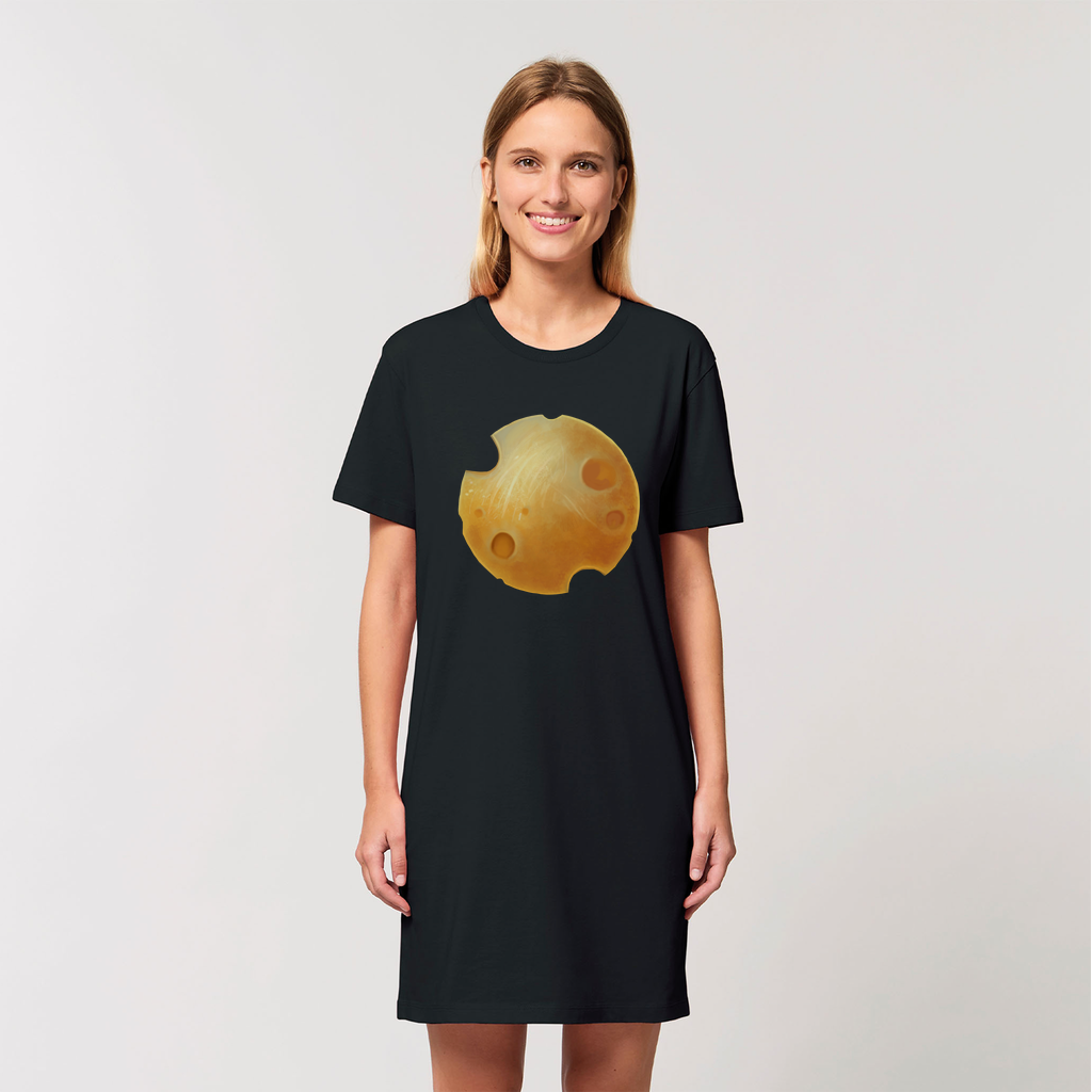 A stylish Cheese Organic T-Shirt Dress made from 100% organic cotton, featuring a soft-hand feel and available in various sizes.