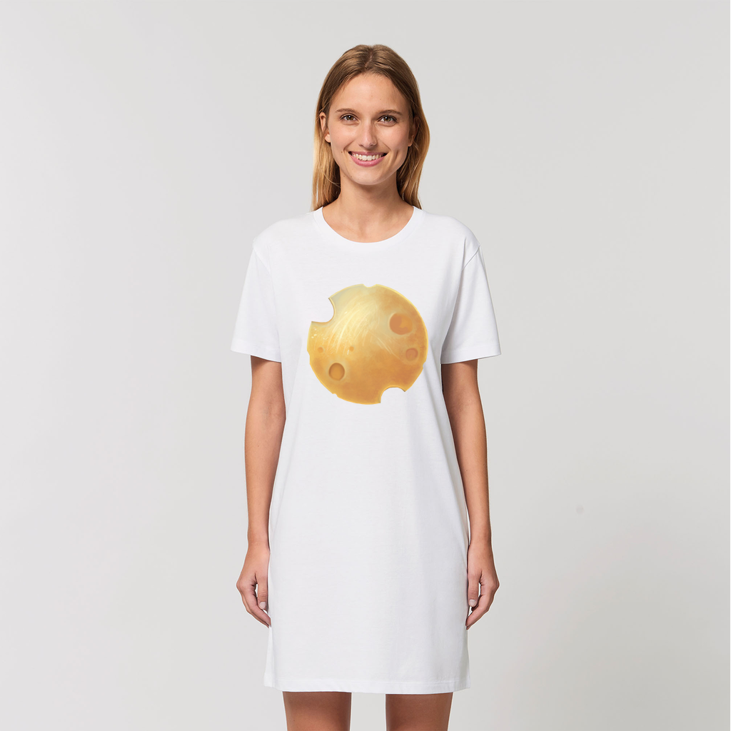 A stylish Cheese Organic T-Shirt Dress made from 100% organic cotton, featuring a soft-hand feel and available in various sizes.