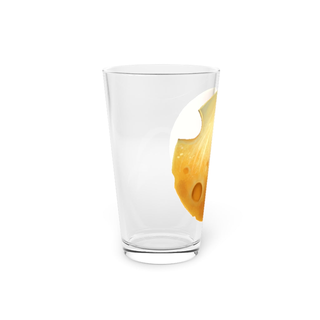 A clear 16oz Cheese Pint Glass showcasing a custom printed design, perfect for beverages.