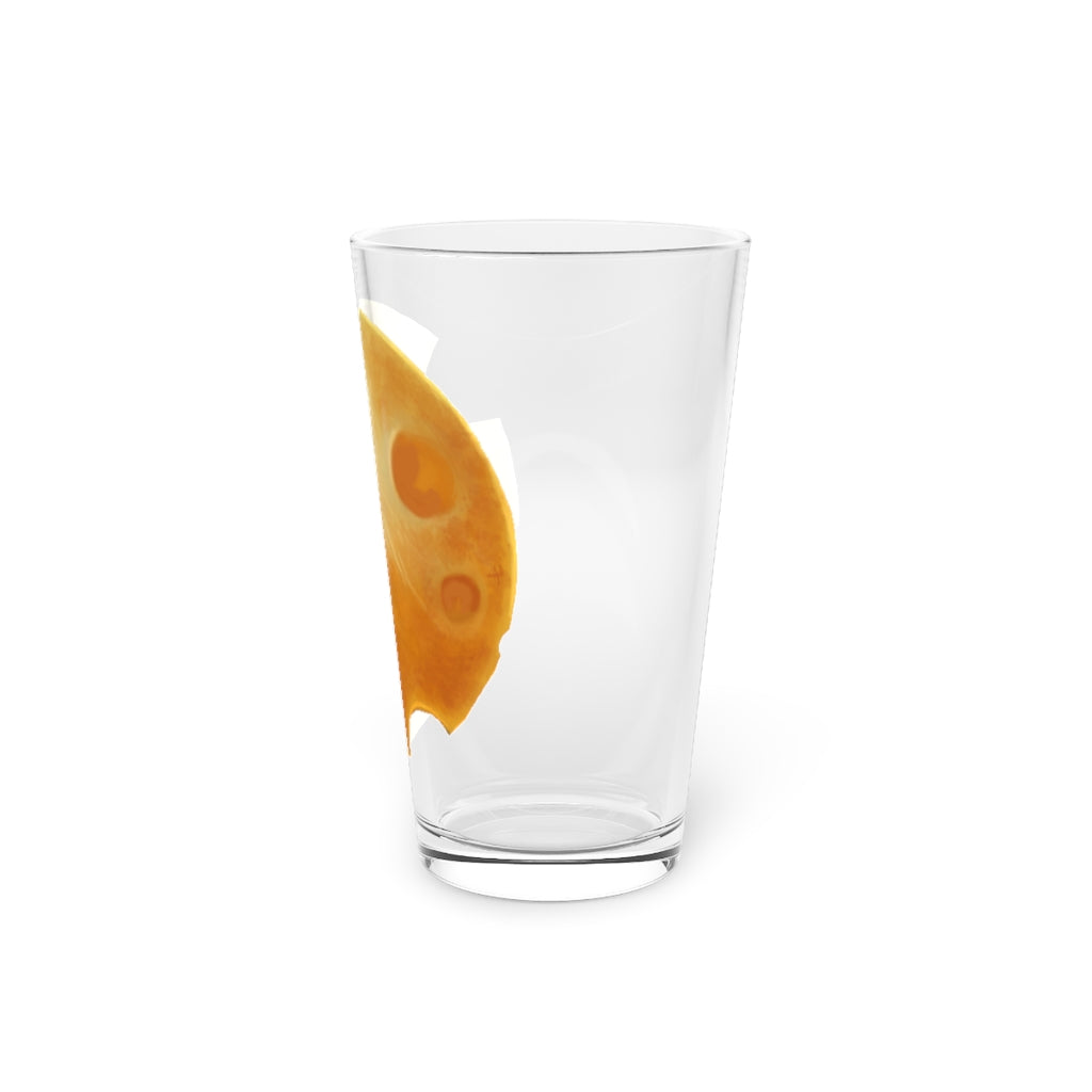 A clear 16oz Cheese Pint Glass showcasing a custom printed design, perfect for beverages.