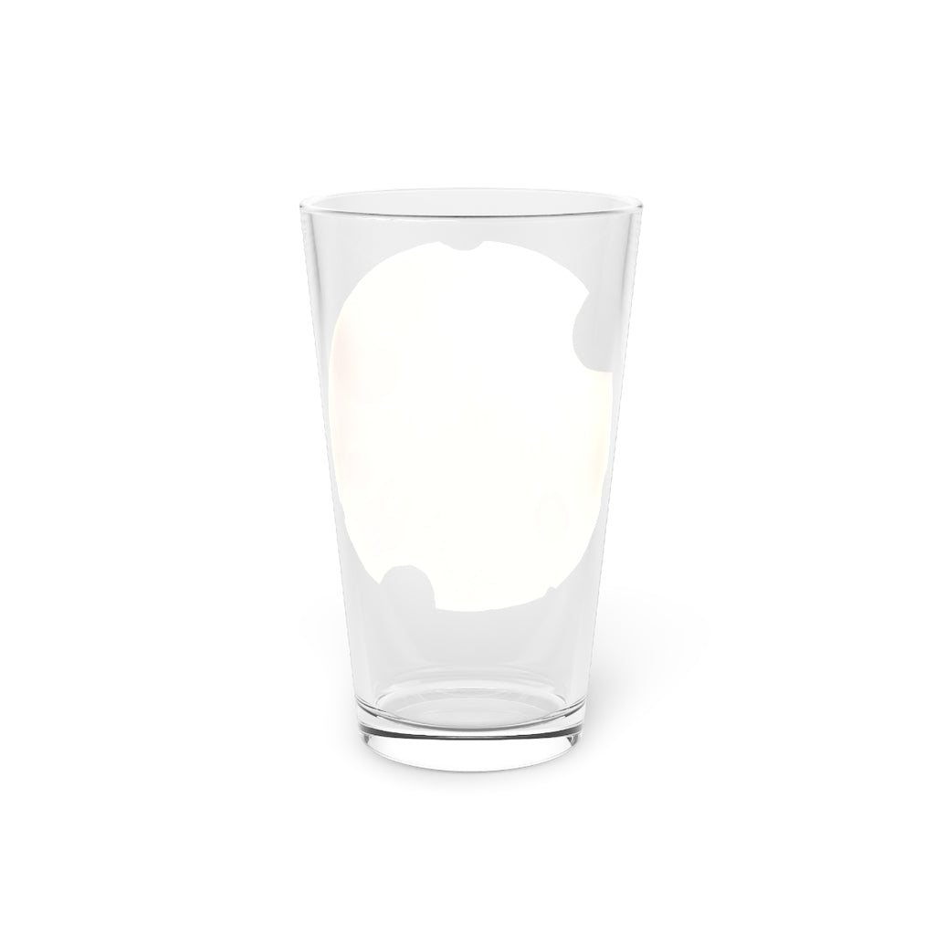 A clear 16oz Cheese Pint Glass showcasing a custom printed design, perfect for beverages.