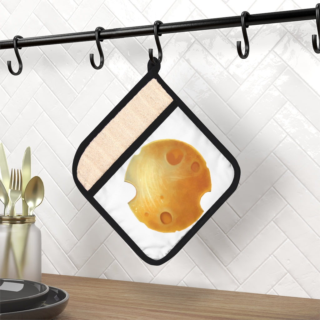 Stylish Cheese Pot Holder with Pocket, featuring a black cotton hanging loop and heat-resistant fabric, perfect for kitchen use.