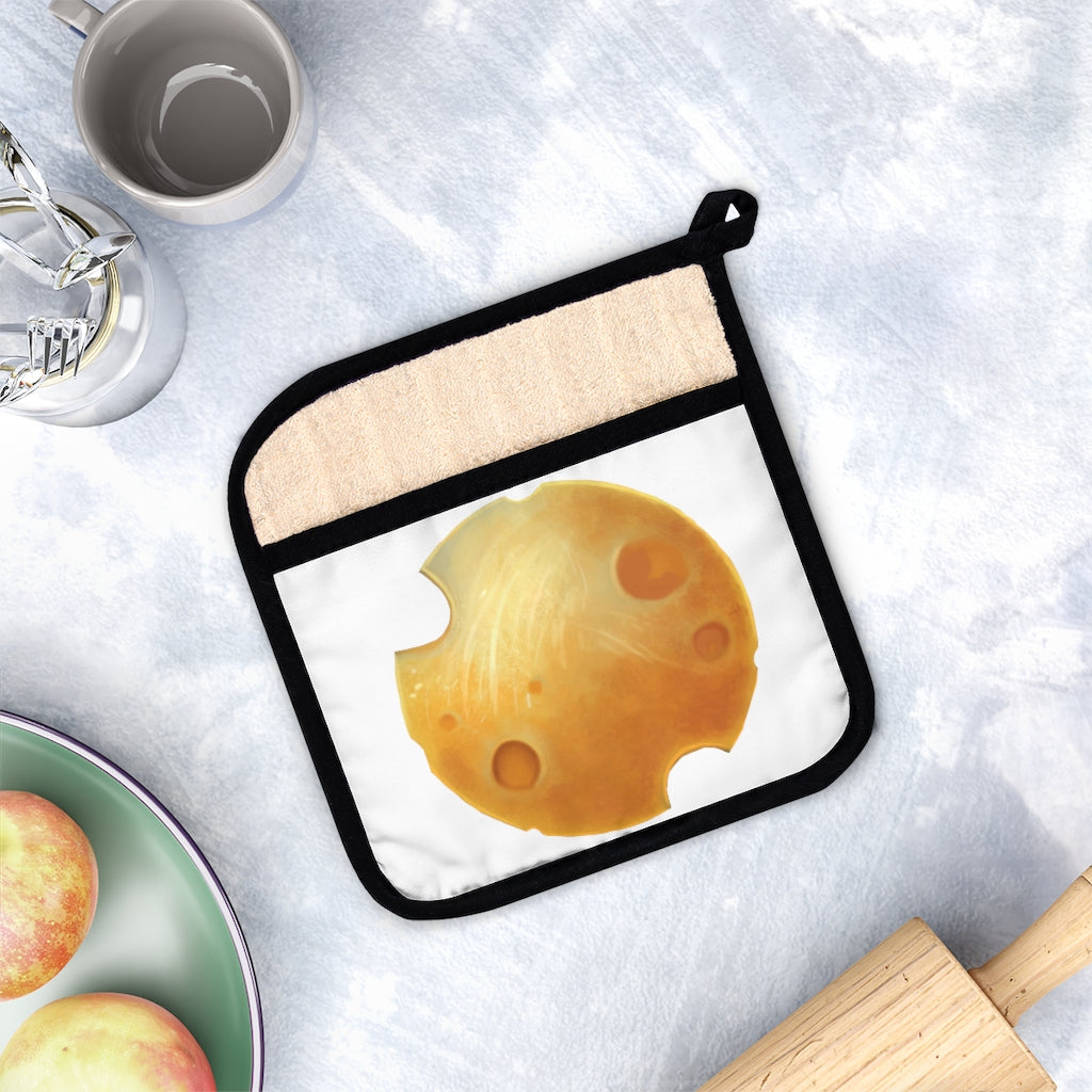 Stylish Cheese Pot Holder with Pocket, featuring a black cotton hanging loop and heat-resistant fabric, perfect for kitchen use.