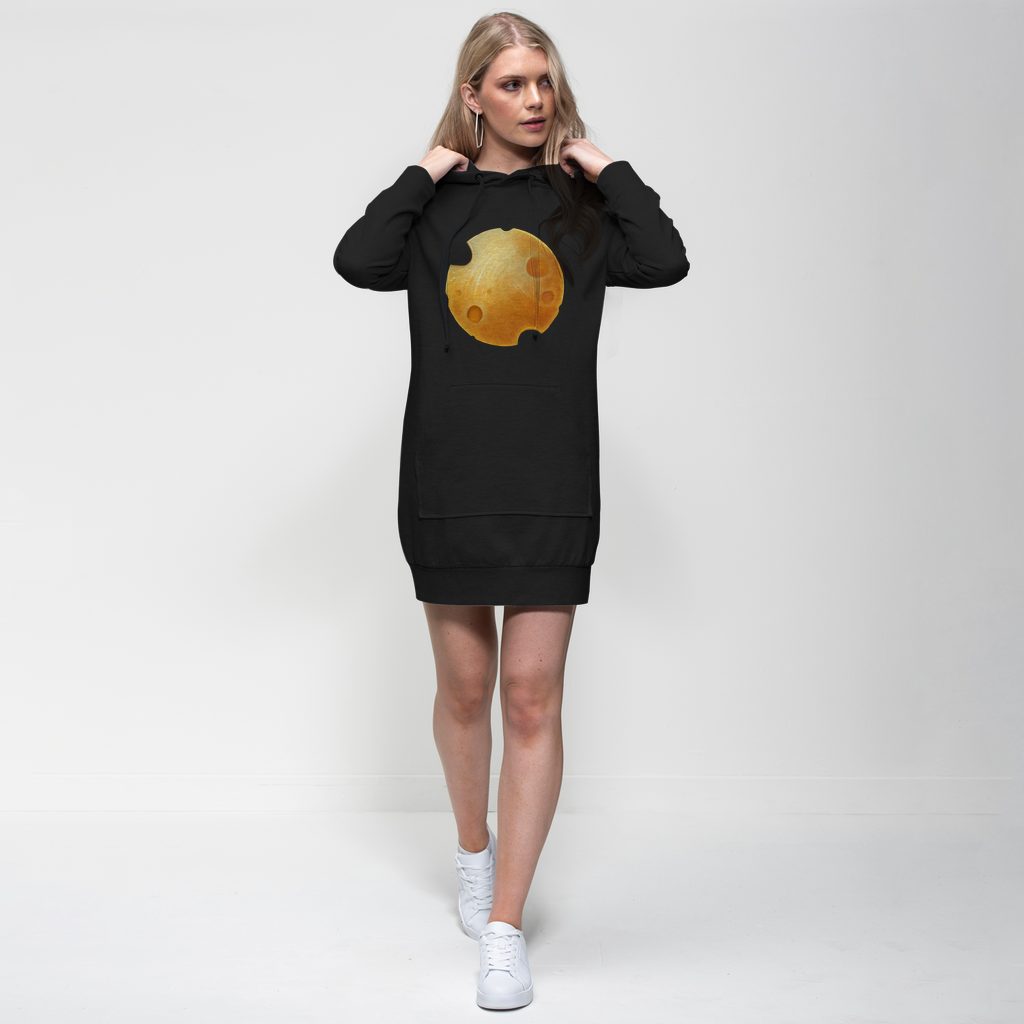 Cheese Premium Adult Hoodie Dress featuring a relaxed fit, hood, and kangaroo pocket in a stylish design.