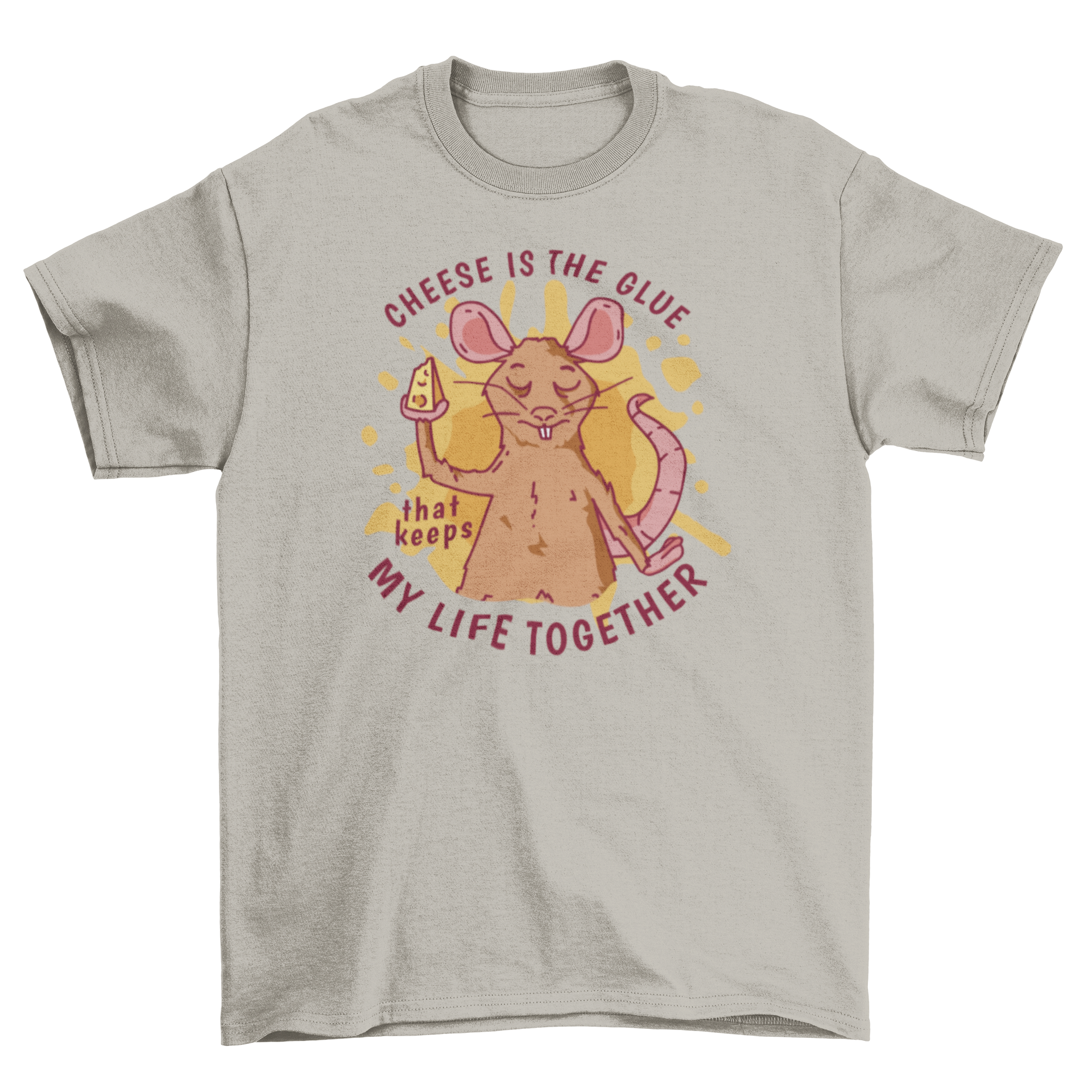 A playful t-shirt featuring a rat holding cheese with a humorous quote about cheese.