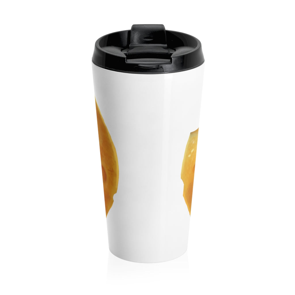 Cheese Stainless Steel Travel Mug with black lid and vibrant design, perfect for coffee and tea lovers.