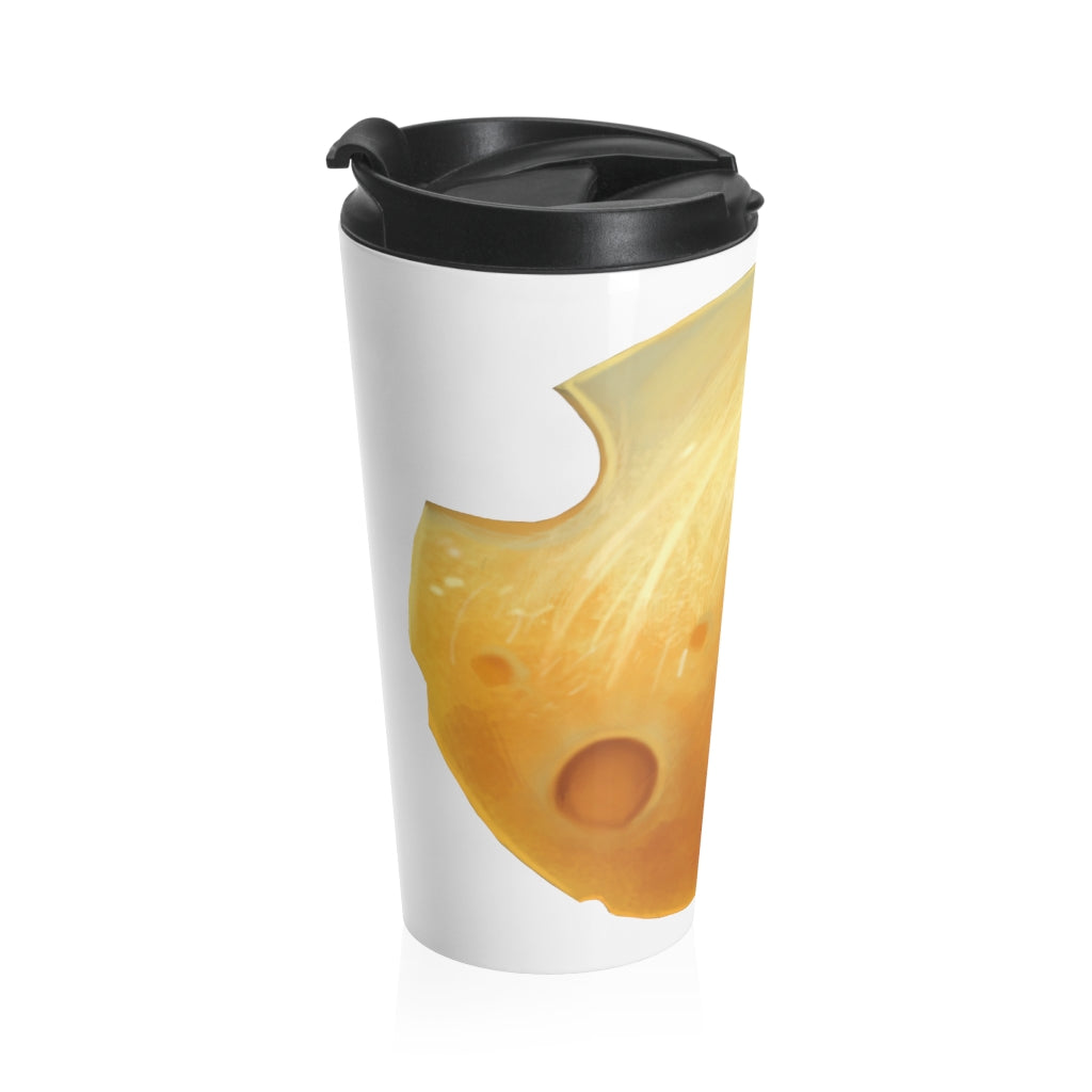 Cheese Stainless Steel Travel Mug with black lid and vibrant design, perfect for coffee and tea lovers.