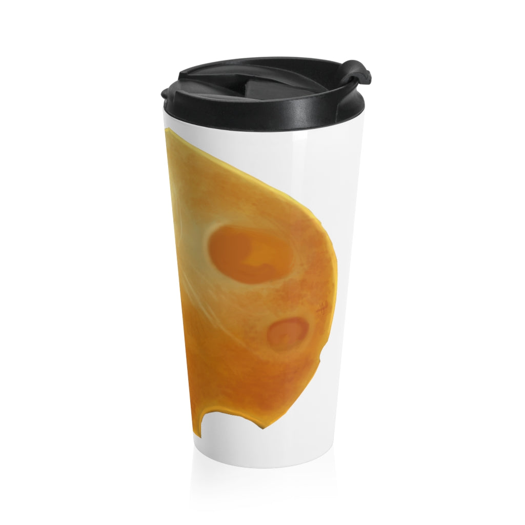 Cheese Stainless Steel Travel Mug with black lid and vibrant design, perfect for coffee and tea lovers.