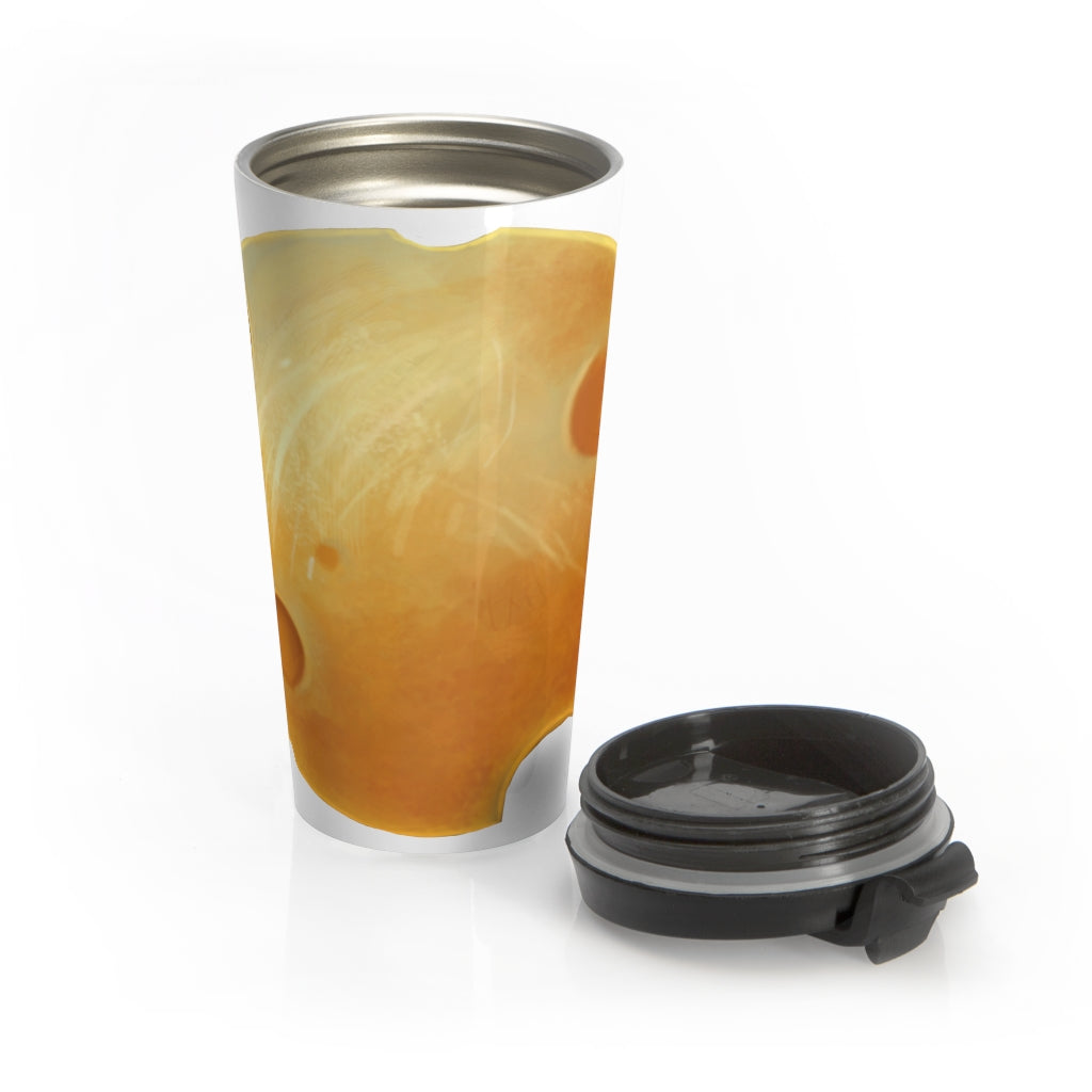 Cheese Stainless Steel Travel Mug with black lid and vibrant design, perfect for coffee and tea lovers.