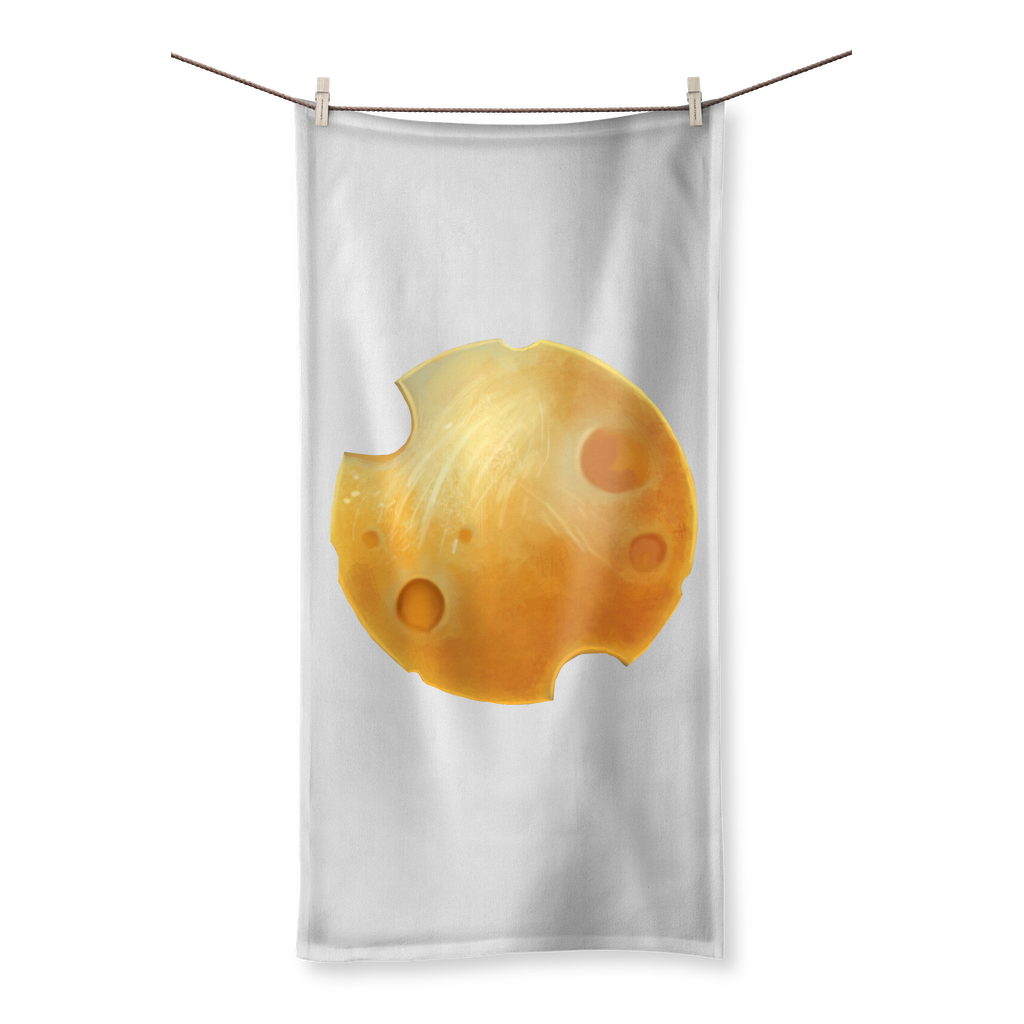 Cheese Sublimation All Over Towel featuring vibrant cheese designs on one side and soft cotton backing on the other.