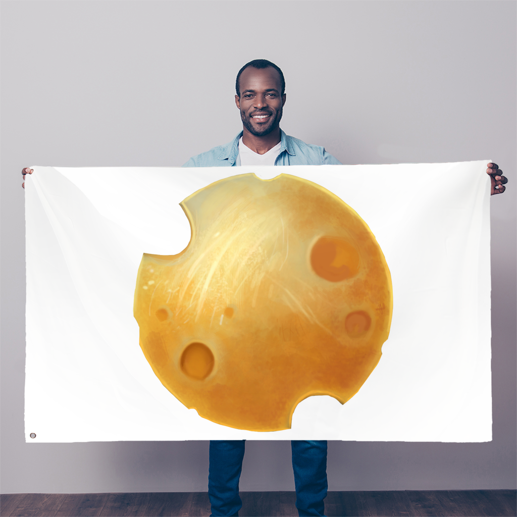 A vibrant Cheese Sublimation Flag measuring 5FT X 3FT, made of durable polyester fabric with double-stitched edges and two eyelets for easy hanging.