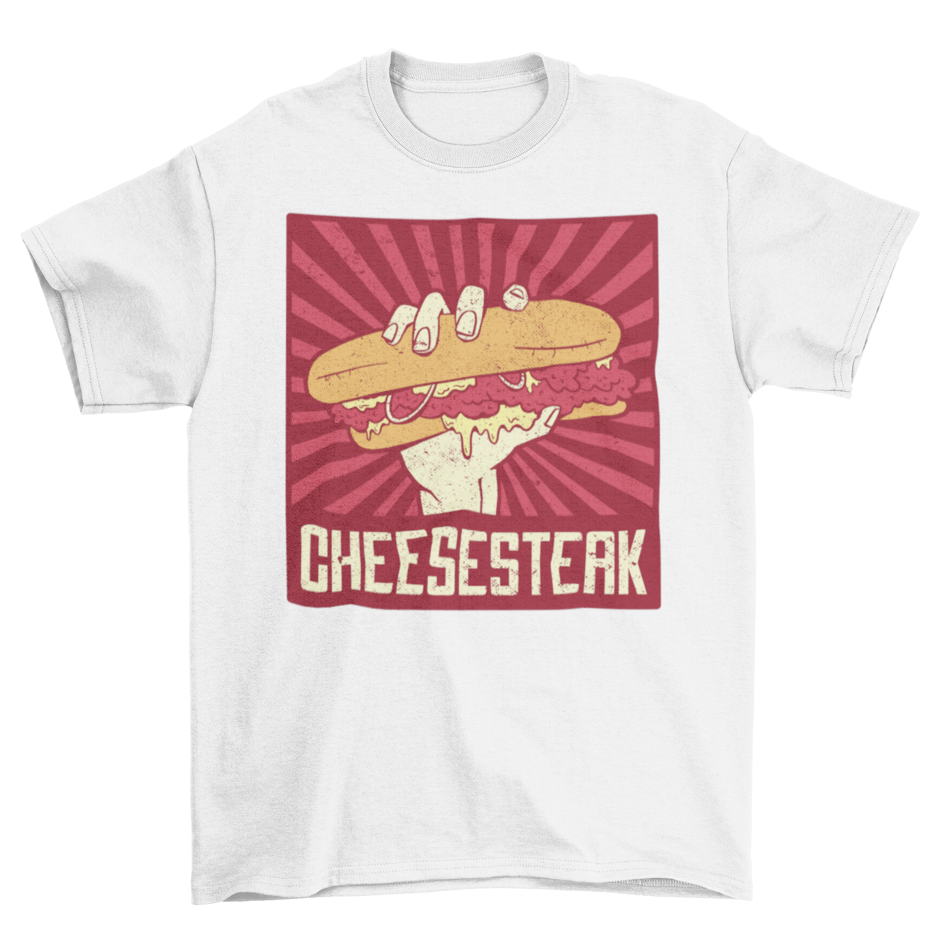 A stylish t-shirt featuring a hand holding a delicious Philly cheesesteak, perfect for food lovers.