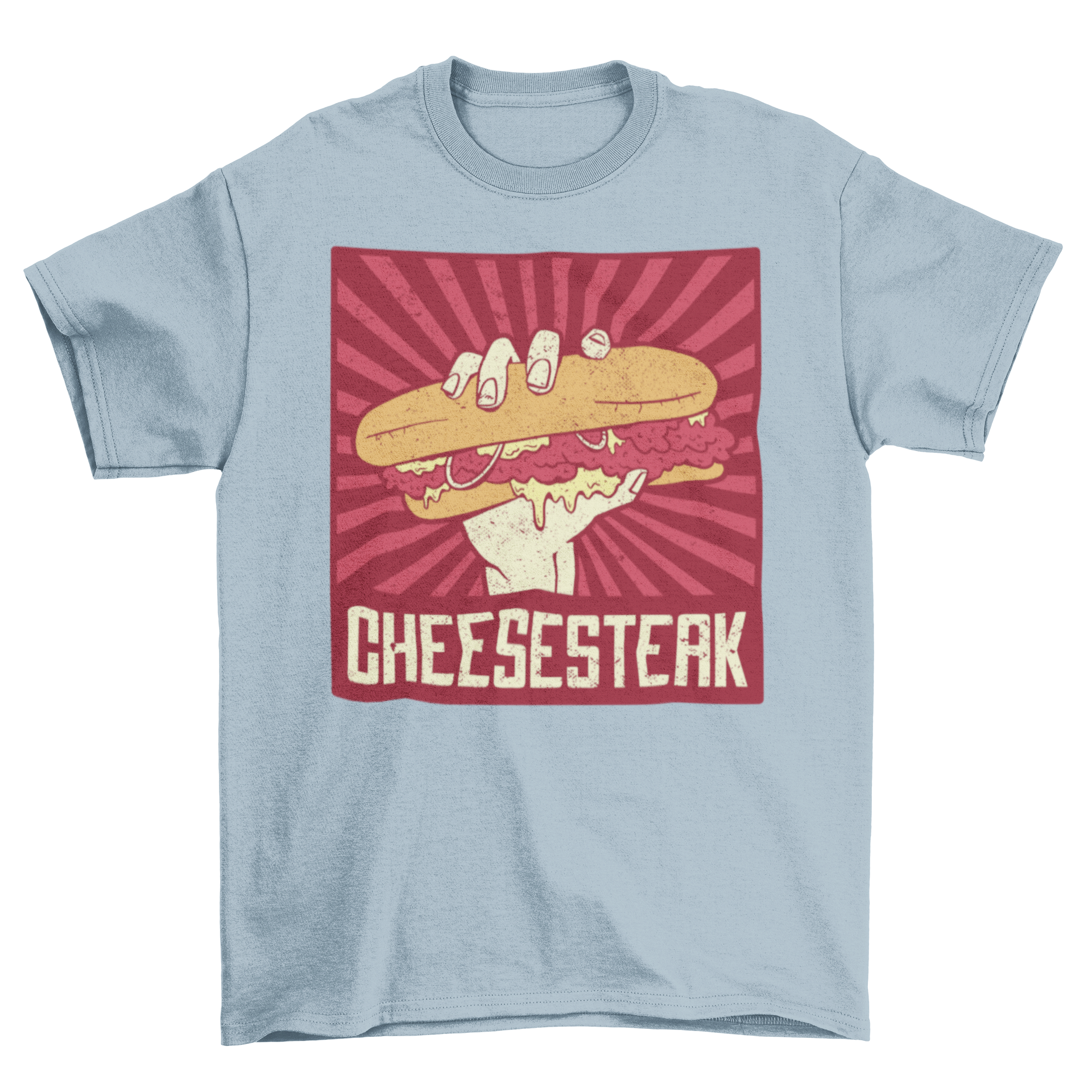 A stylish t-shirt featuring a hand holding a delicious Philly cheesesteak, perfect for food lovers.