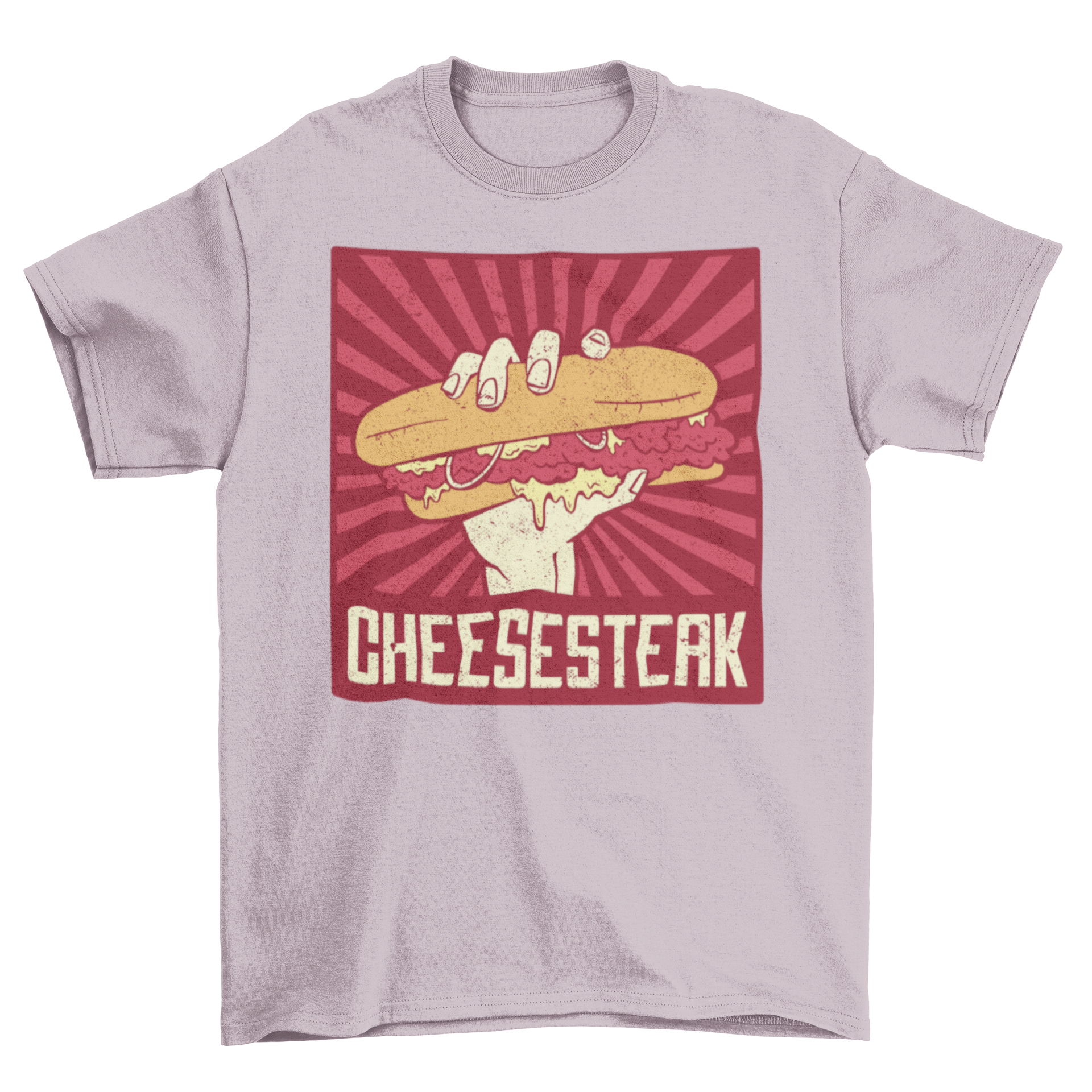 A stylish t-shirt featuring a hand holding a delicious Philly cheesesteak, perfect for food lovers.