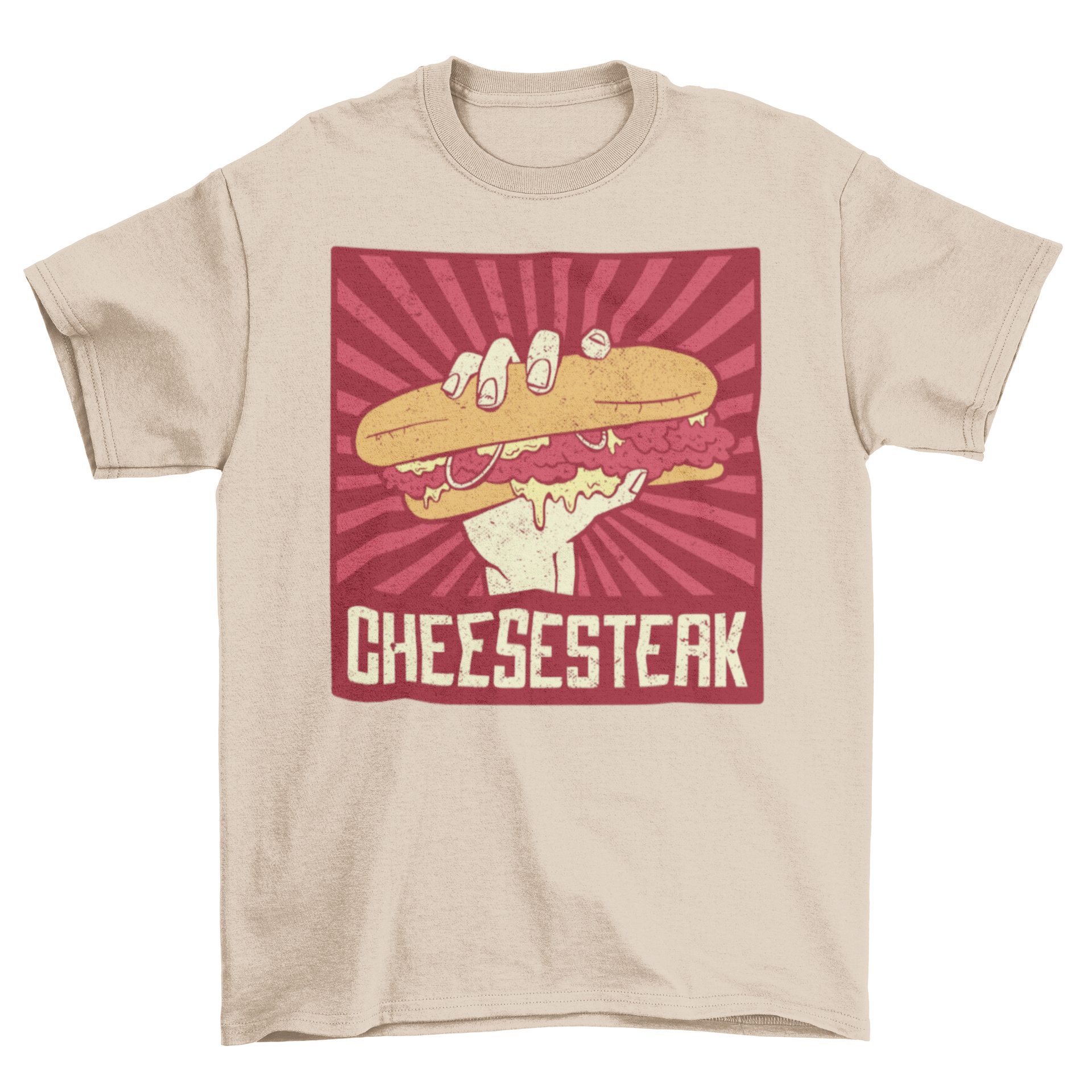 A stylish t-shirt featuring a hand holding a delicious Philly cheesesteak, perfect for food lovers.