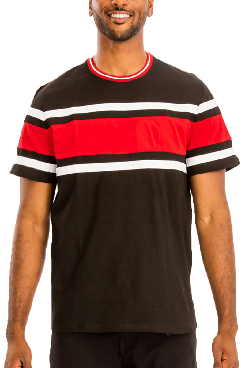 A stylish Chest Block T-shirt featuring a three-way color block design in soft cotton, perfect for casual wear.