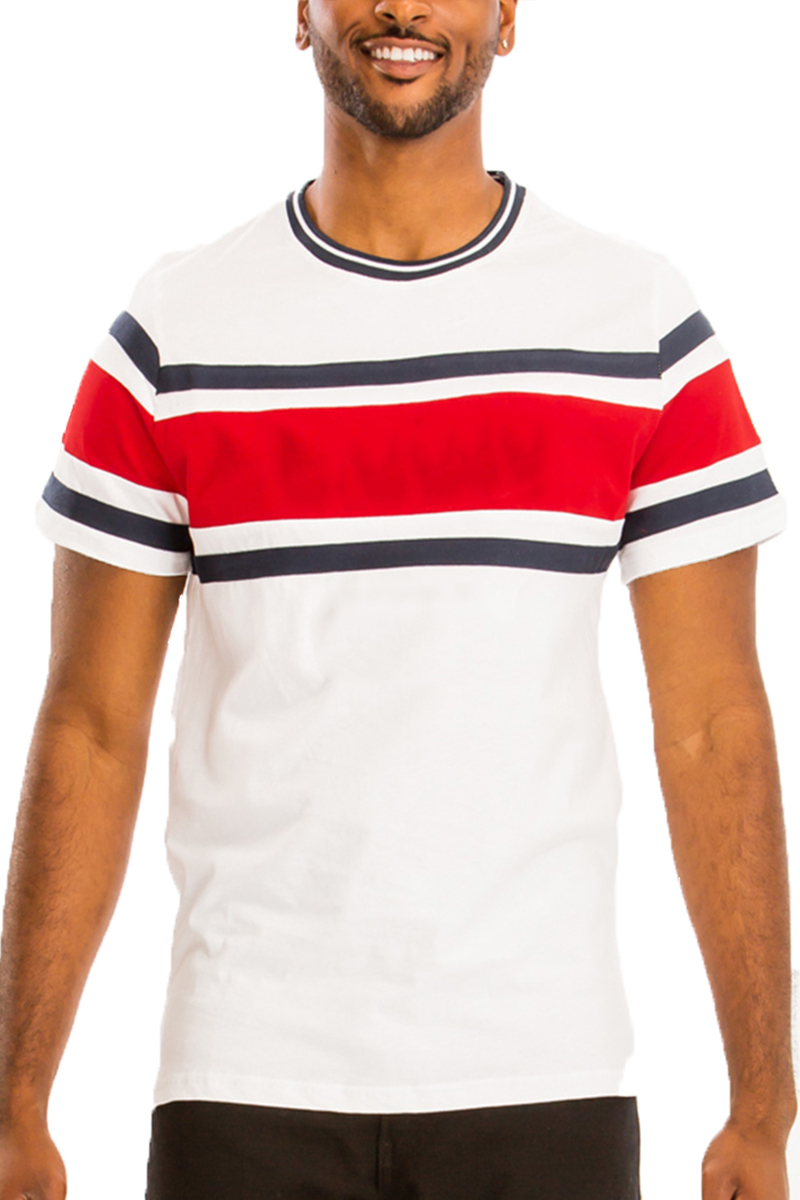 Chest Block T-shirt featuring a three-way color block design in striped pattern, made of cotton with short sleeves.