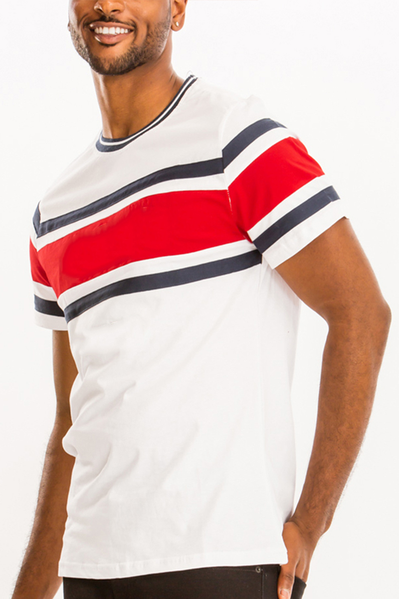 Chest Block T-shirt featuring a three-way color block design in striped pattern, made of cotton with short sleeves.