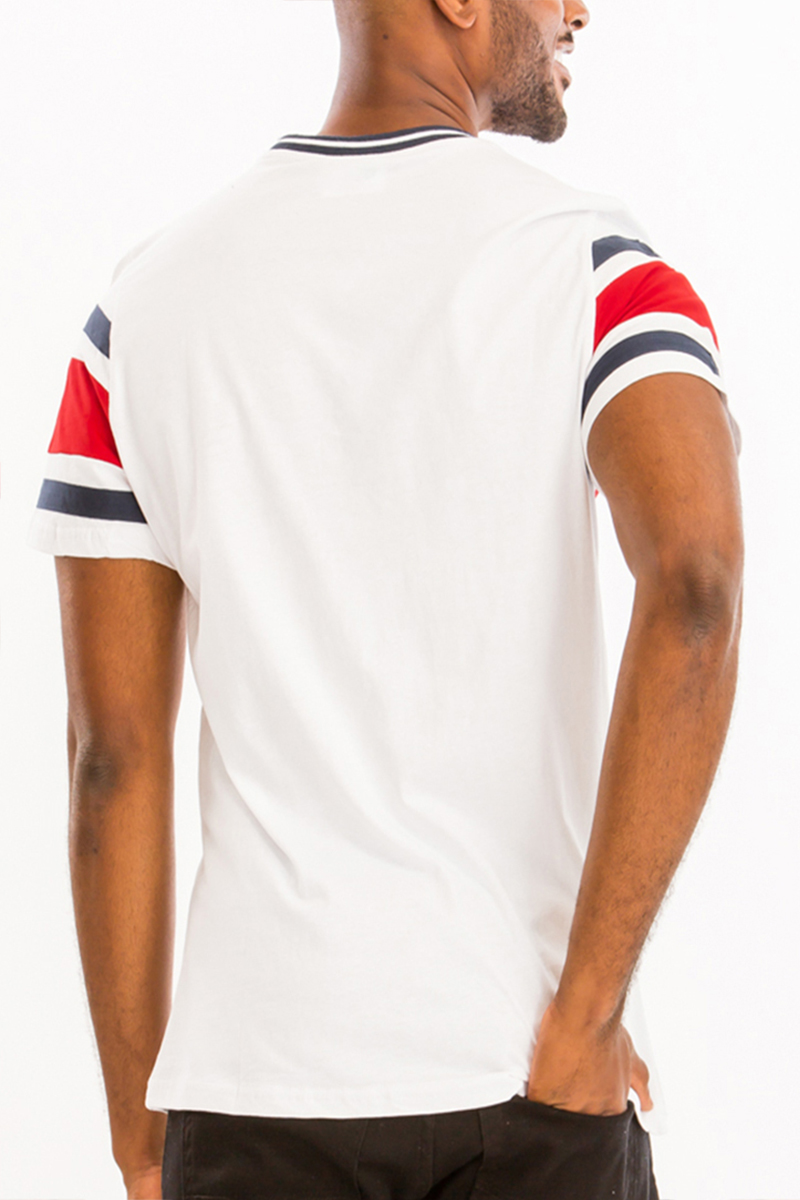 Chest Block T-shirt featuring a three-way color block design in striped pattern, made of cotton with short sleeves.