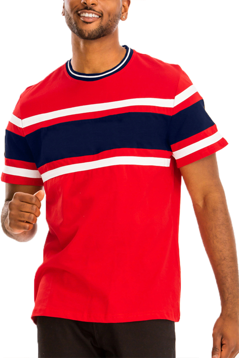 A stylish Chest Block T-shirt featuring a three-way color block design with stripes, made from comfortable cotton fabric.