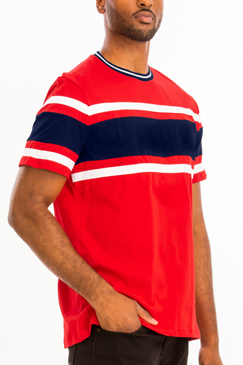 A stylish Chest Block T-shirt featuring a three-way color block design with stripes, made from comfortable cotton fabric.