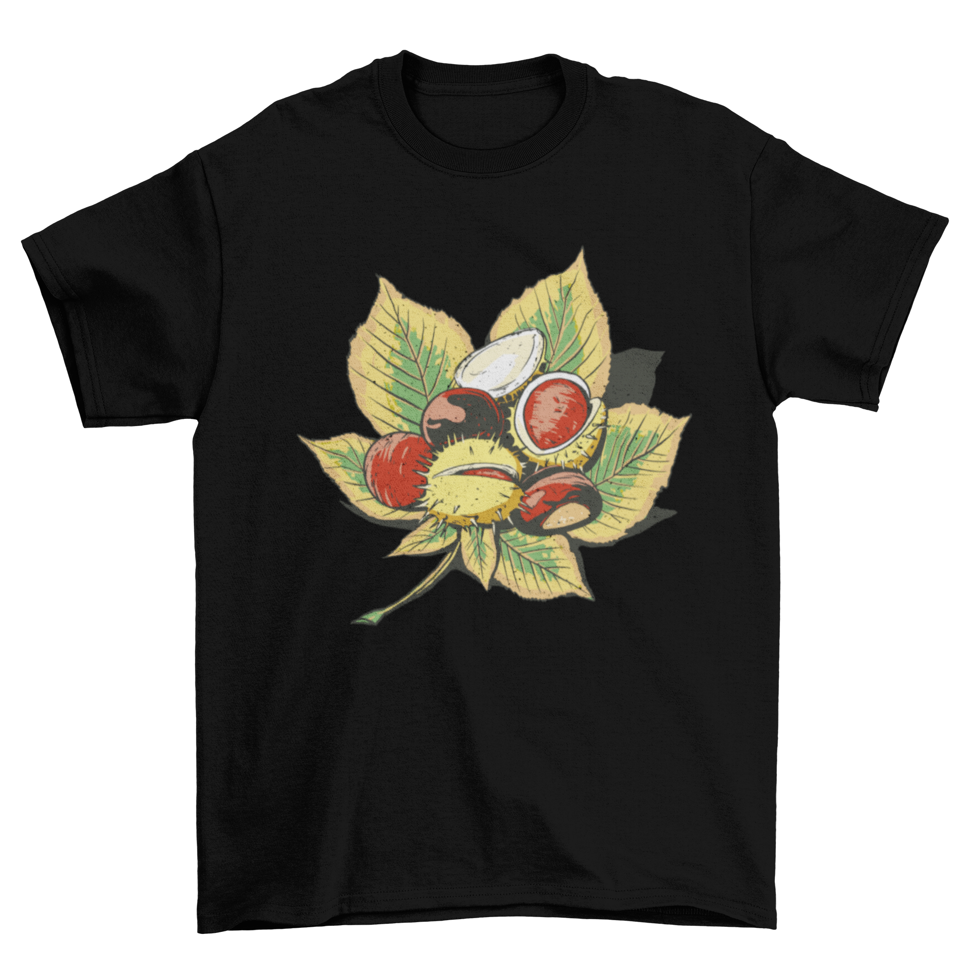 A stylish t-shirt featuring a design of chestnuts on a vibrant green leaf, perfect for nature enthusiasts.