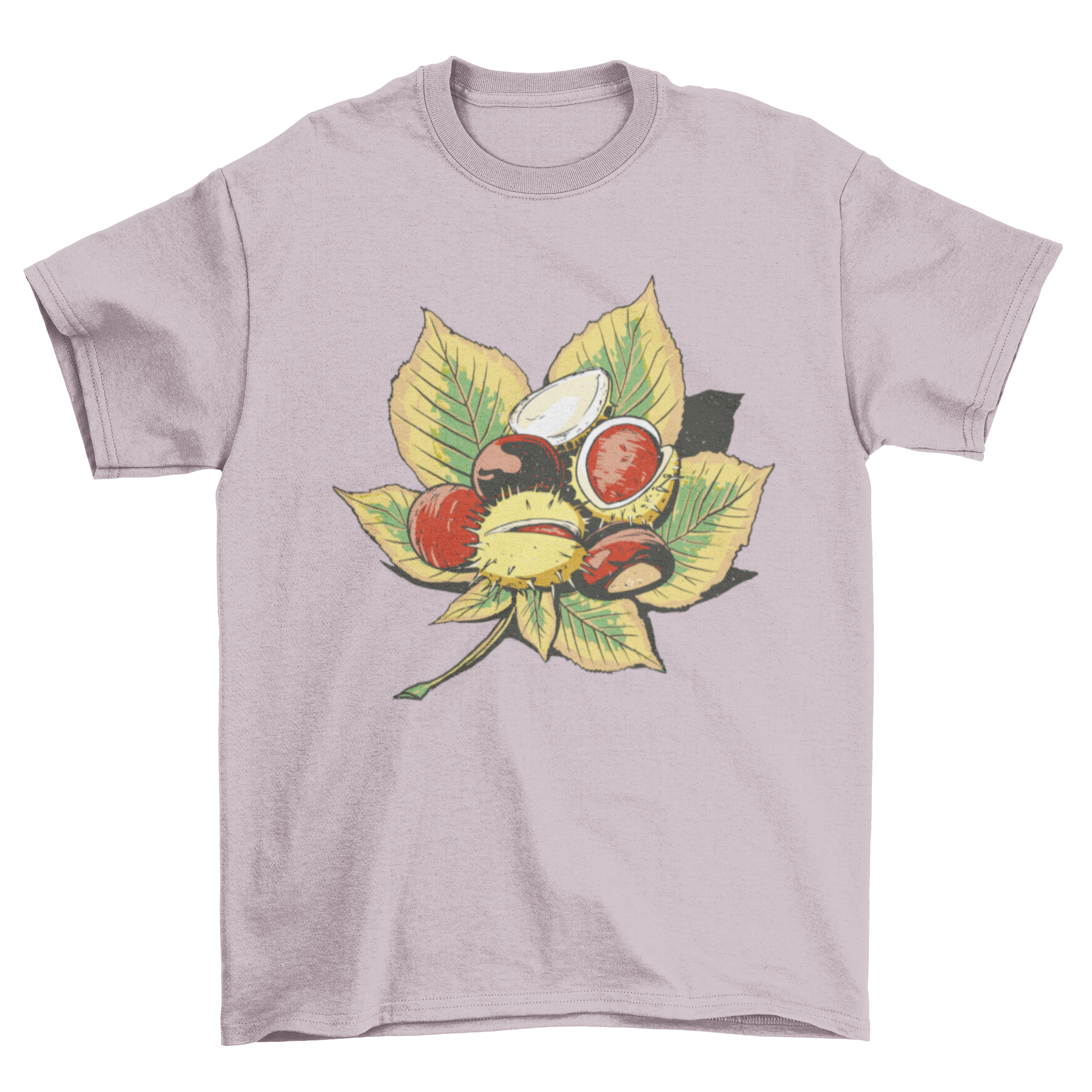 A stylish t-shirt featuring a design of chestnuts on a vibrant green leaf, perfect for nature enthusiasts.