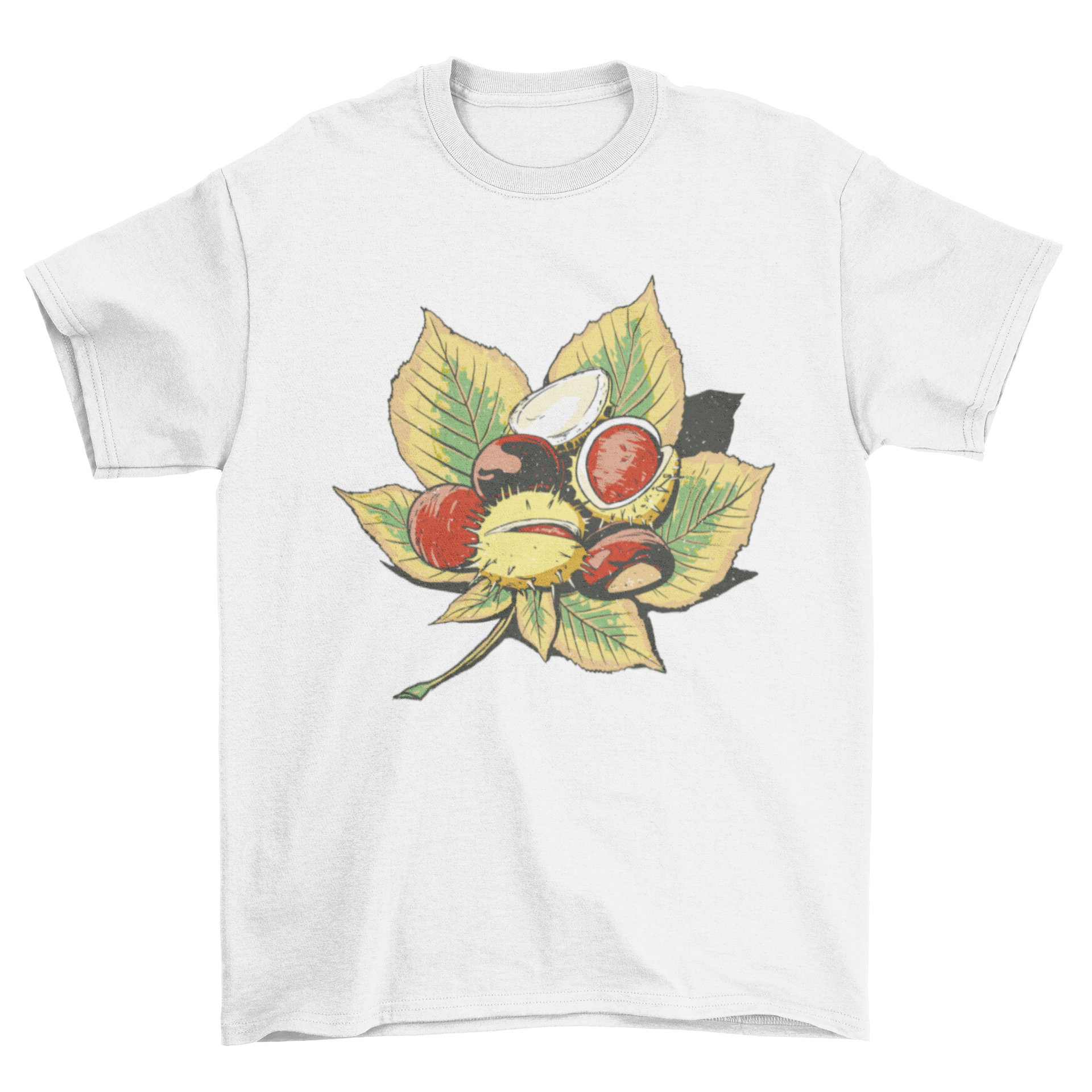 A stylish t-shirt featuring a design of chestnuts on a vibrant green leaf, perfect for nature enthusiasts.