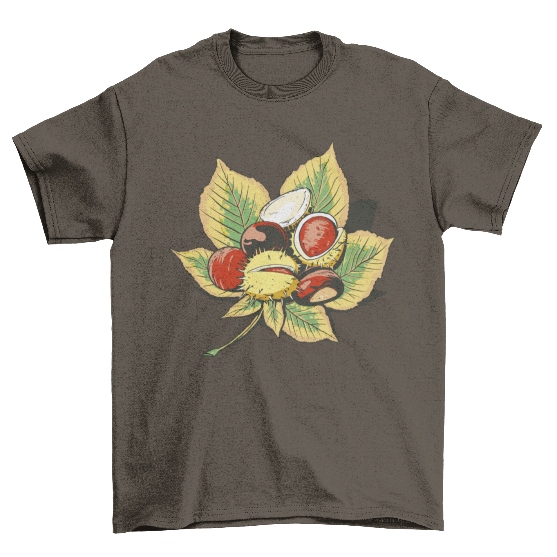 A stylish t-shirt featuring a design of chestnuts on a vibrant green leaf, perfect for nature enthusiasts.