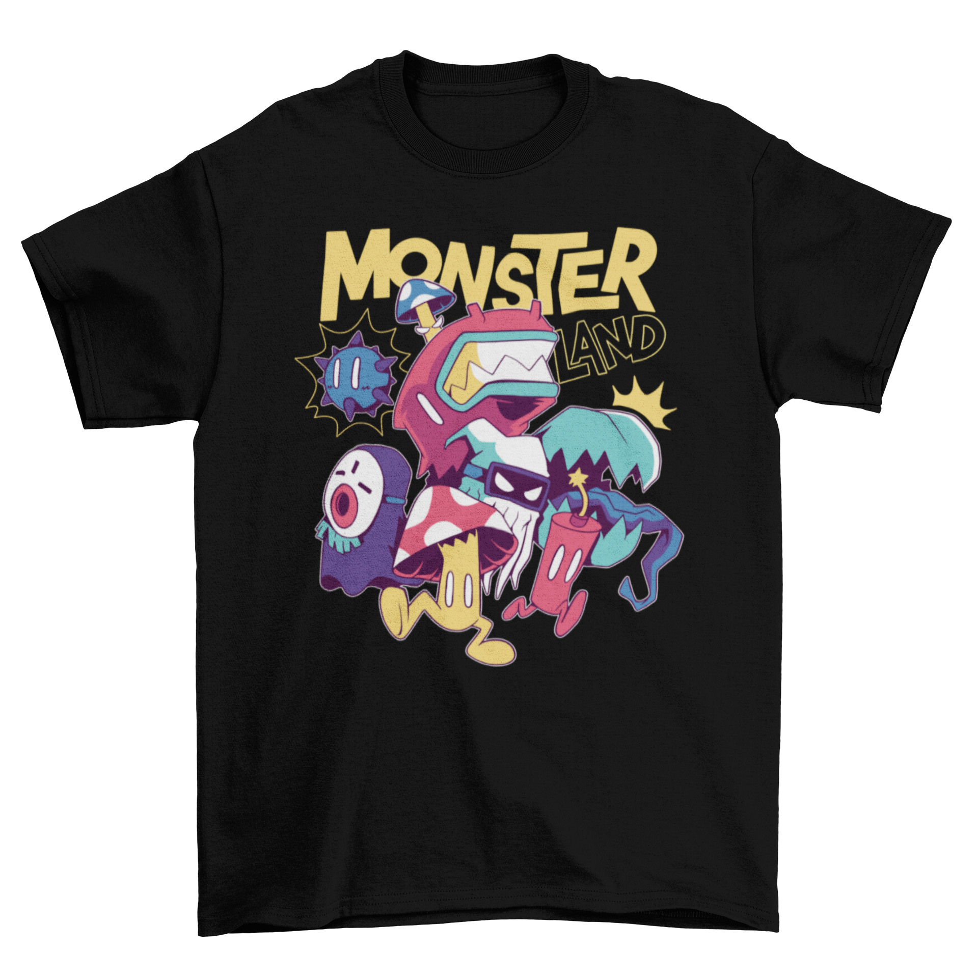 Chibi cartoon monsters t-shirt featuring colorful cute monsters and the quote 'Monster Land'.