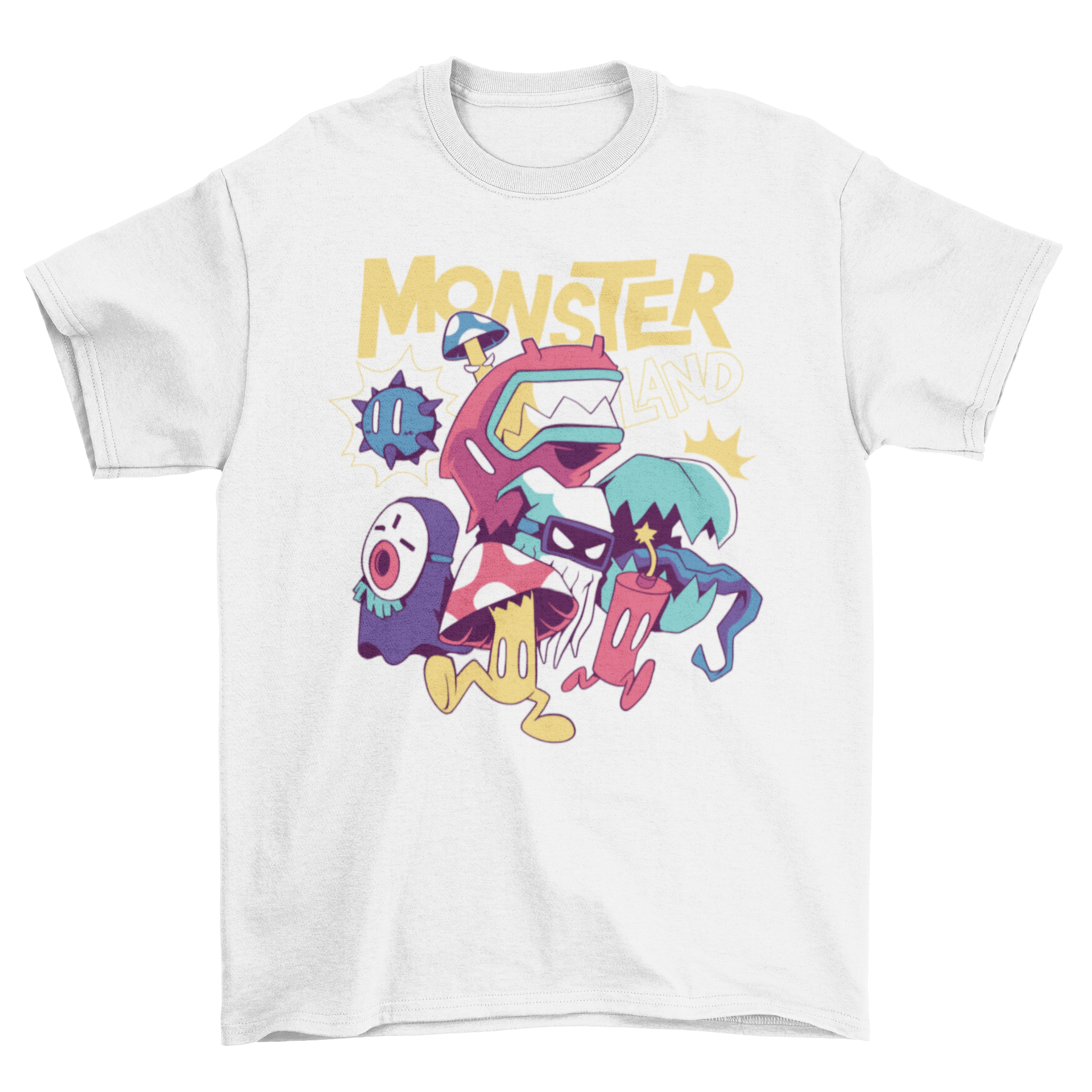 Chibi cartoon monsters t-shirt featuring colorful cute monsters and the quote 'Monster Land'.