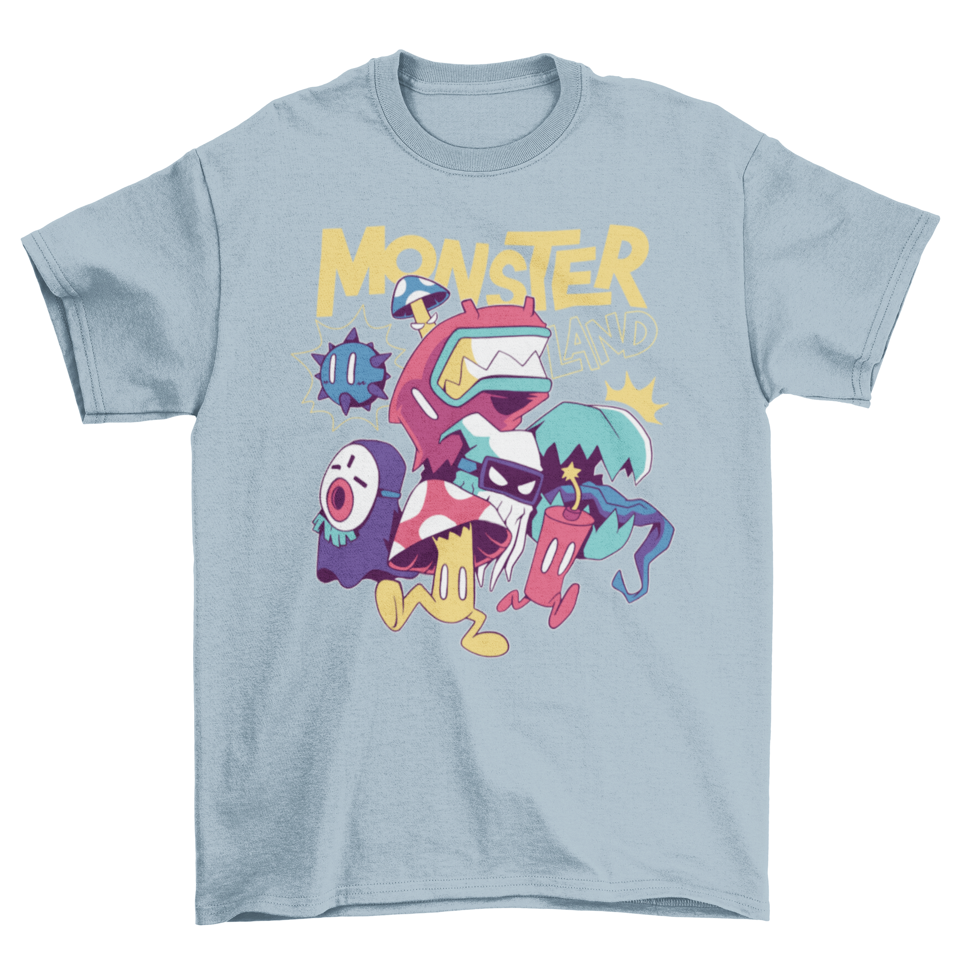 Chibi cartoon monsters t-shirt featuring colorful cute monsters and the quote 'Monster Land'.