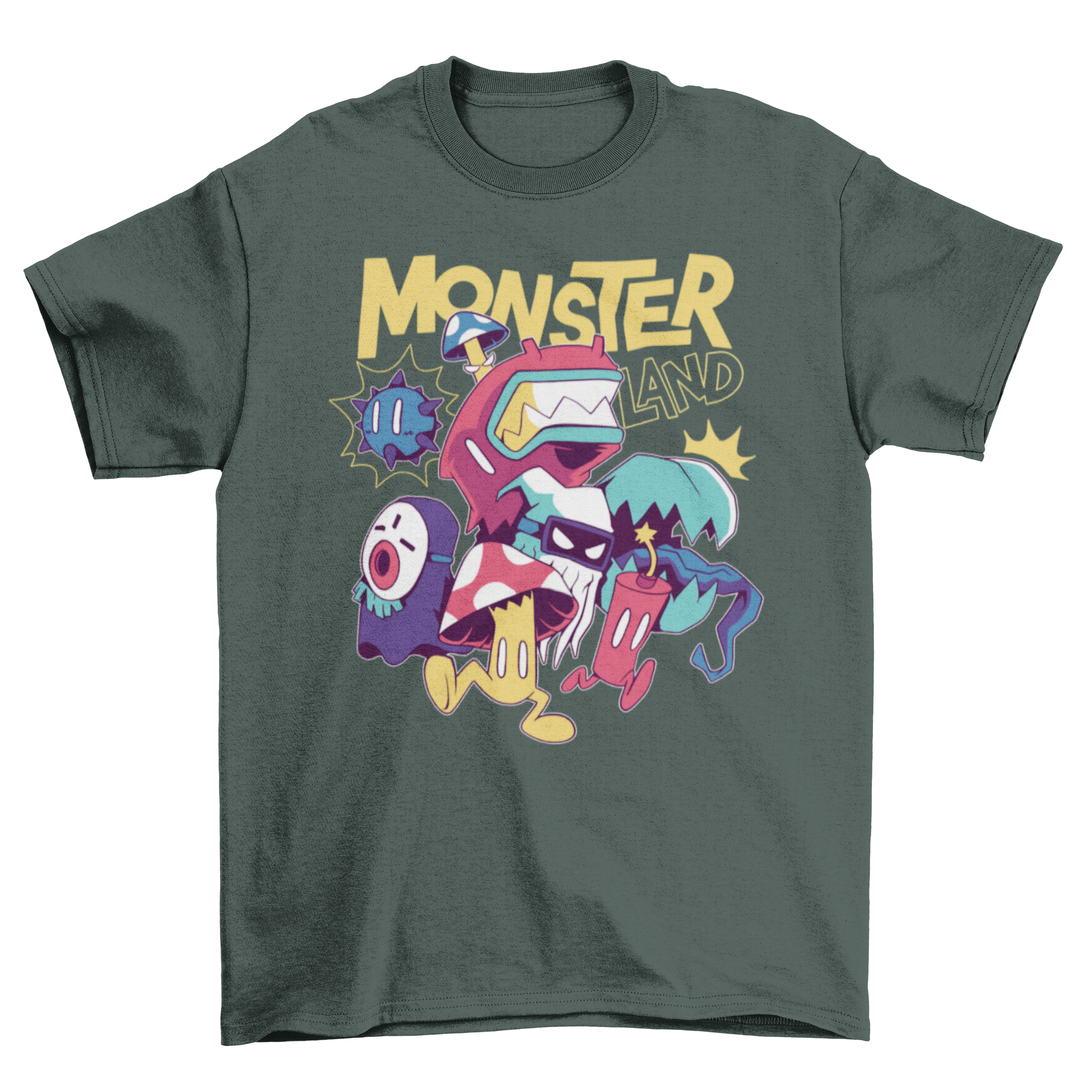 Chibi cartoon monsters t-shirt featuring colorful cute monsters and the quote 'Monster Land'.