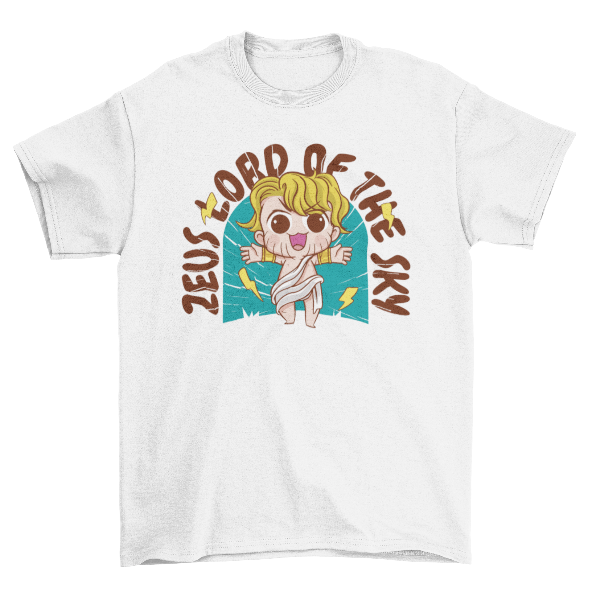 Chibi Zeus T-shirt featuring a cute illustration of Zeus with the quote 'Zeus lord of the sky'.