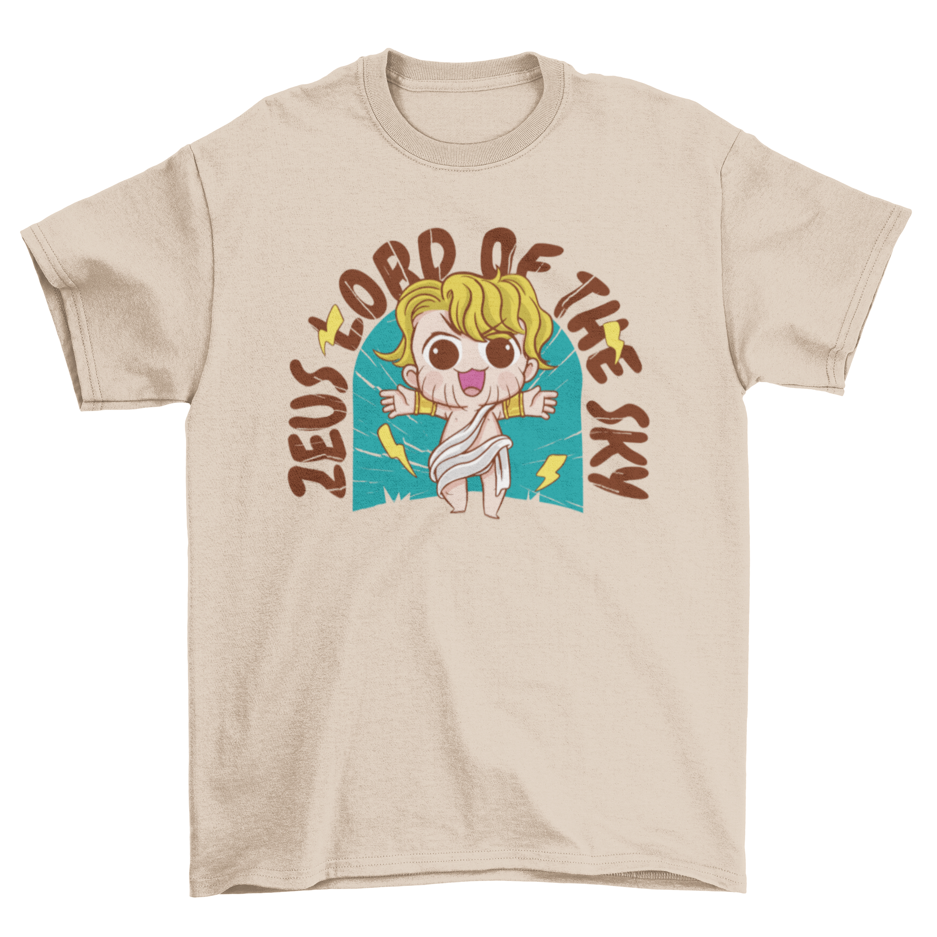 Chibi Zeus T-shirt featuring a cute illustration of Zeus with the quote 'Zeus lord of the sky'.