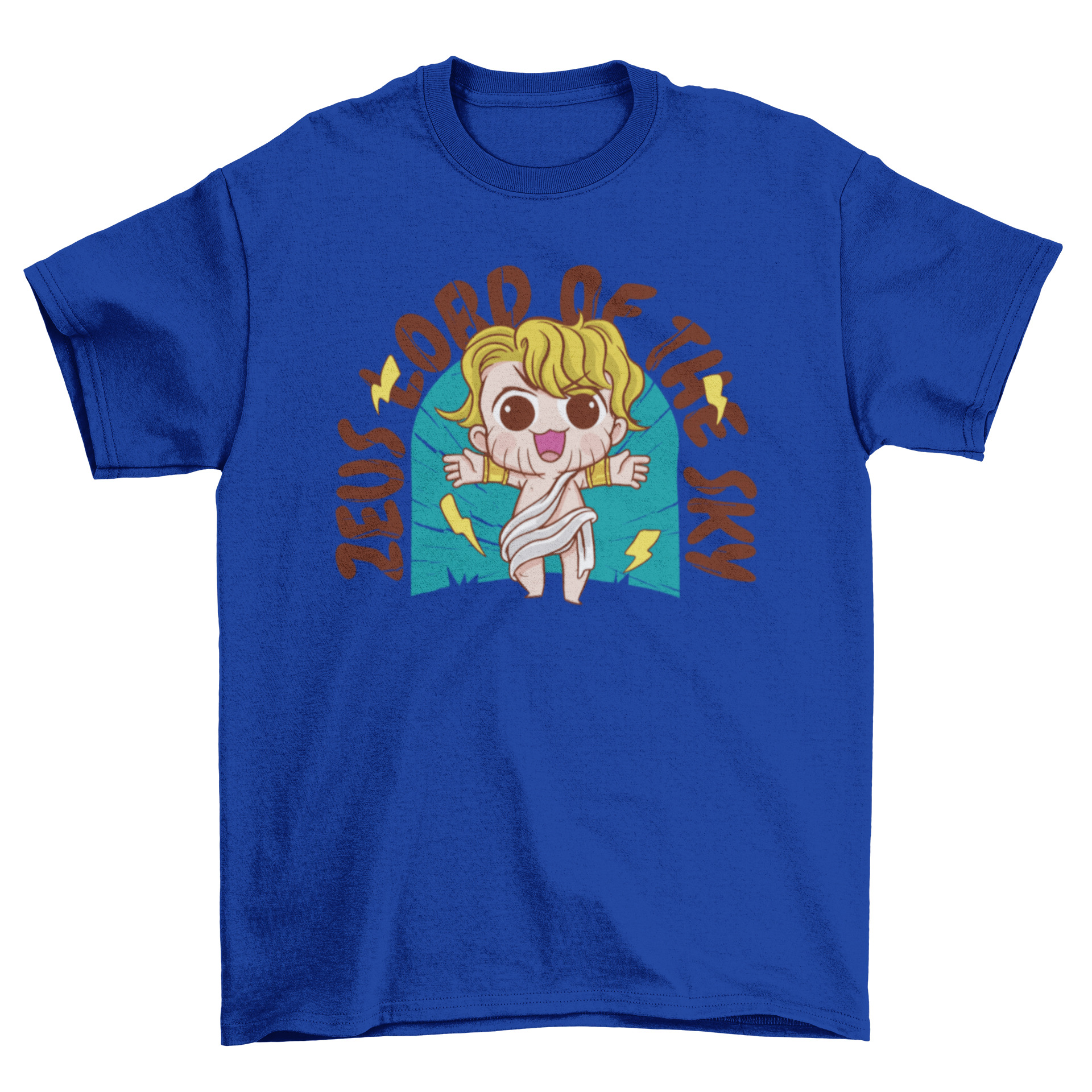 Chibi Zeus T-shirt featuring a cute illustration of Zeus with the quote 'Zeus lord of the sky'.