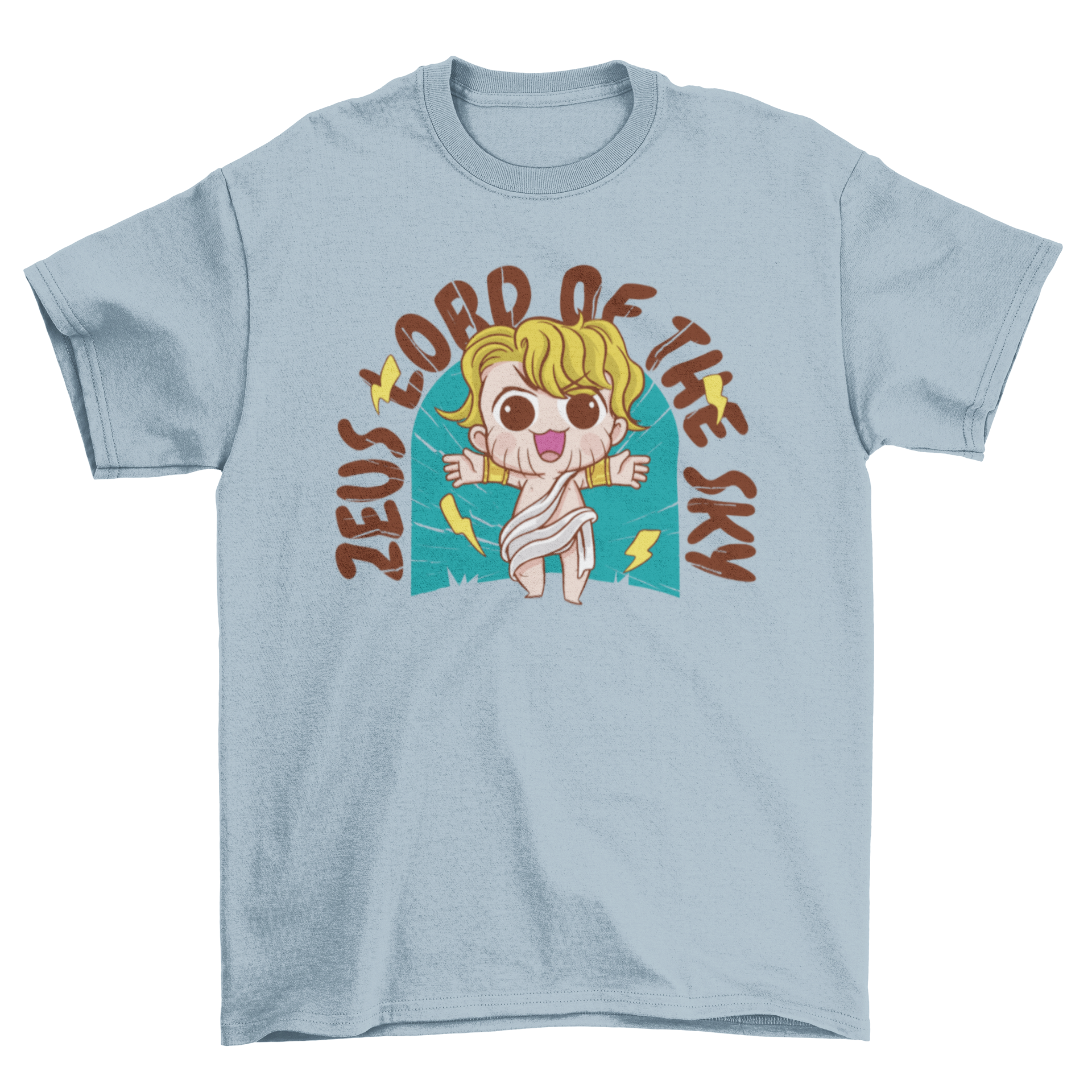 Chibi Zeus T-shirt featuring a cute illustration of Zeus with the quote 'Zeus lord of the sky'.