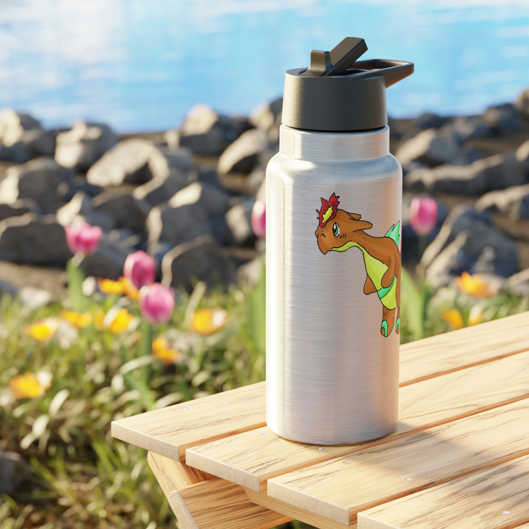 Chibiki Gator Tumbler in stainless steel with a custom design and plastic straw, showcasing its 32oz capacity.