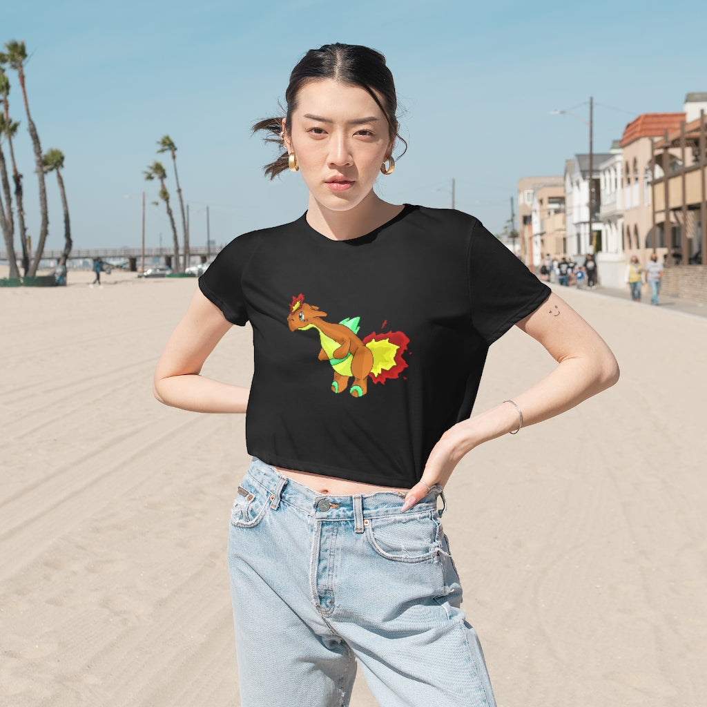 Chibiki Women's Flowy Cropped Tee in a stylish design, showcasing its flowy fit and modest crop length.