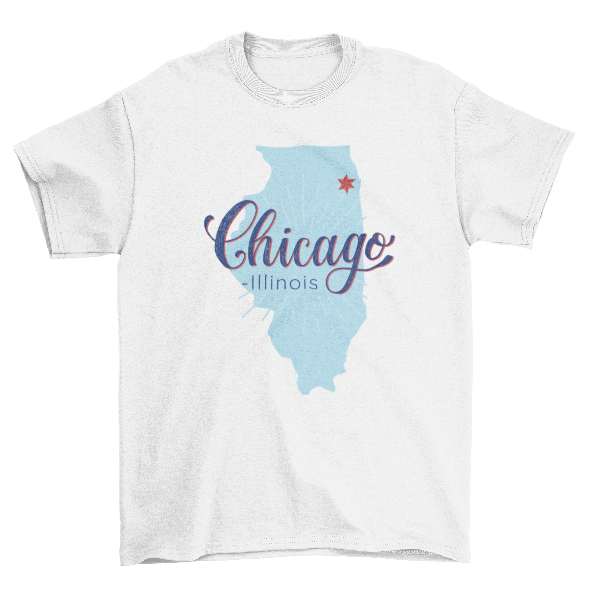 Chicago Illinois Map T-shirt featuring a detailed map with Chicago highlighted by a red star.