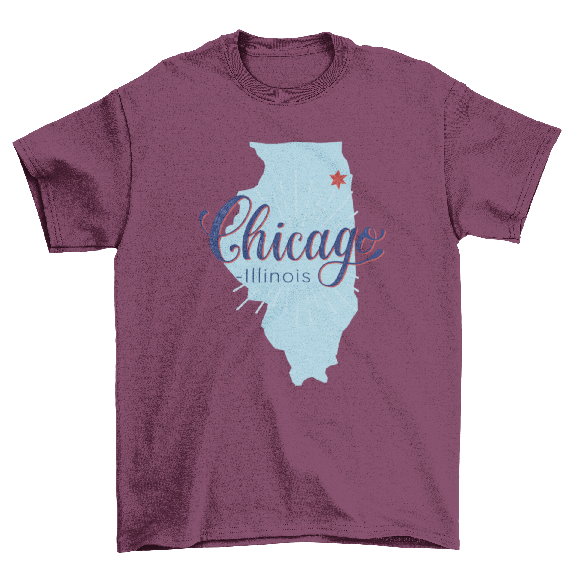 Chicago Illinois Map T-shirt featuring a detailed map with Chicago highlighted by a red star.