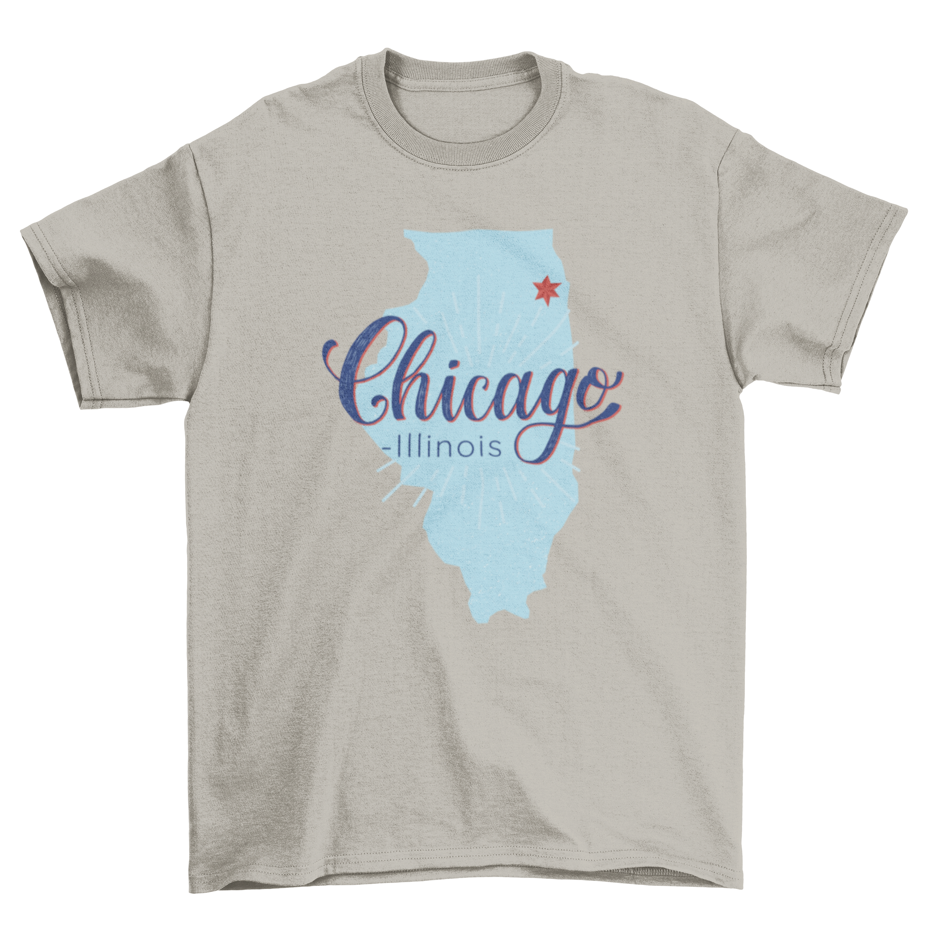 Chicago Illinois Map T-shirt featuring a detailed map with Chicago highlighted by a red star.